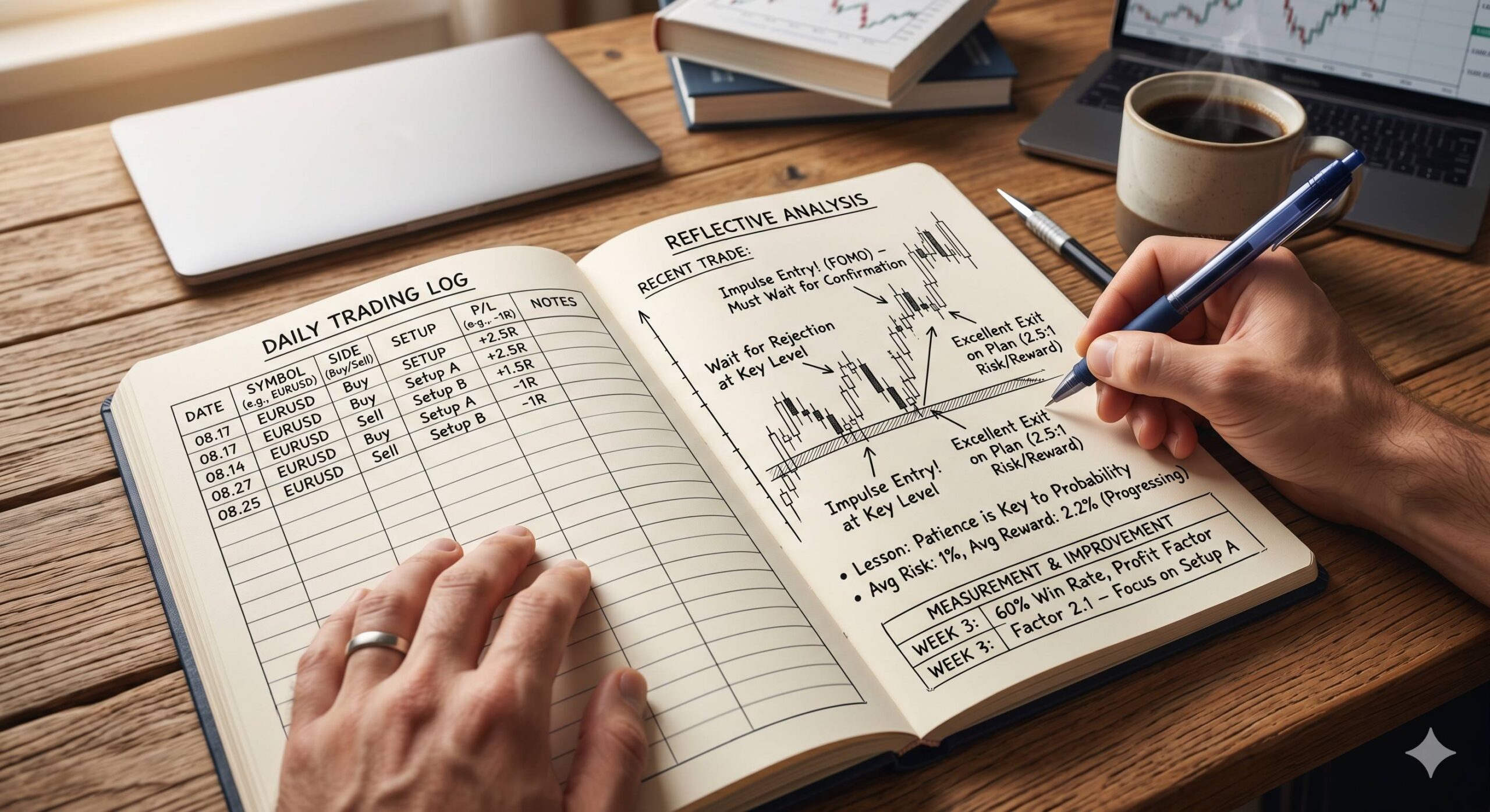 Open notebook with hand-sketched financial charts on a wooden desk.
