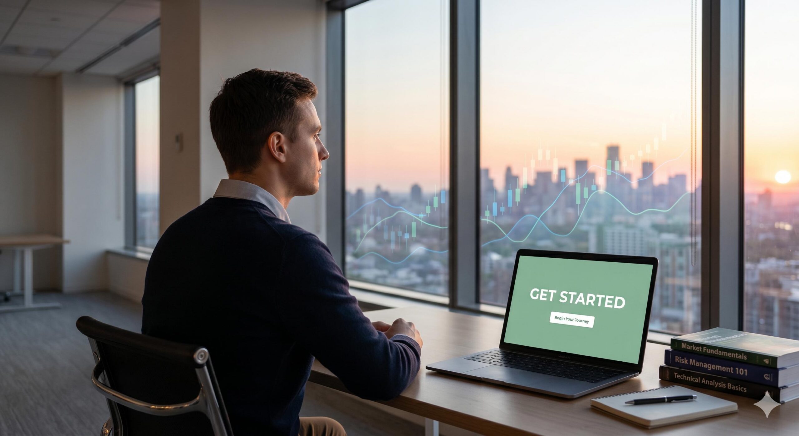 Person in business casual looking thoughtfully at a sunrise cityscape with integrated forex charts, laptop on desk with 'GET STARTED' screen._ Additional Key Visual Concepts