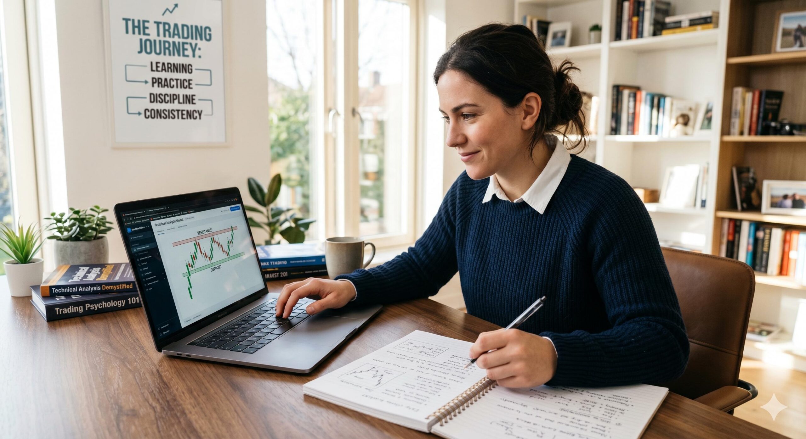 Person matching hero subject concentratedly studying forex analysis on laptop and notebook in a modern study with educational poster in background.
