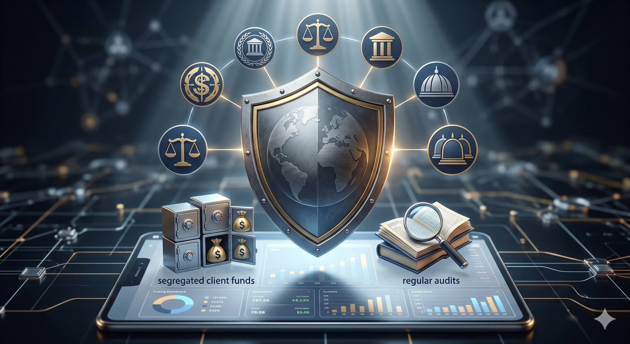Shield symbolising global regulatory protection and fund security.
