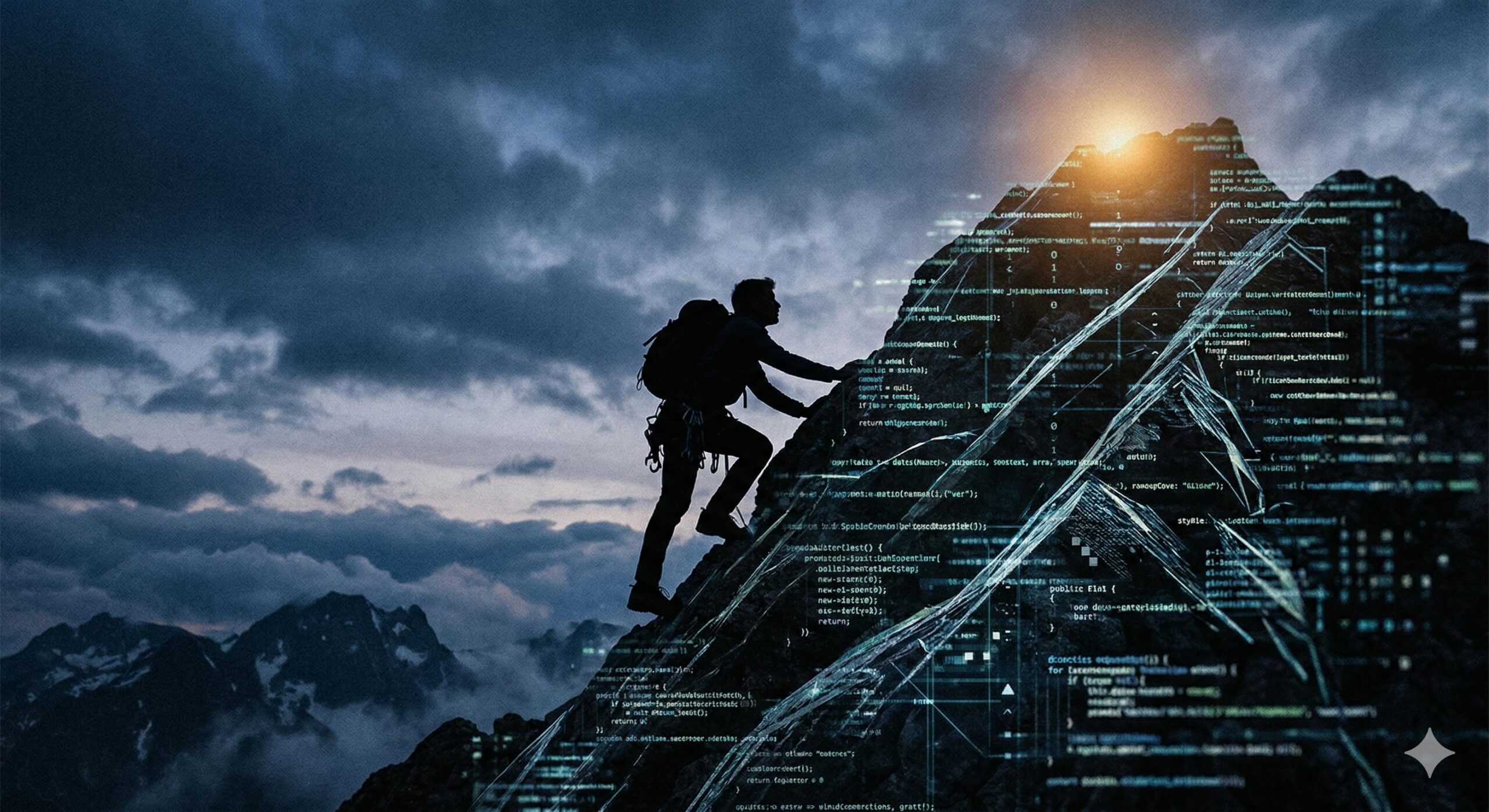 Silhouette figure climbing code mountain, depicting tech challenges.