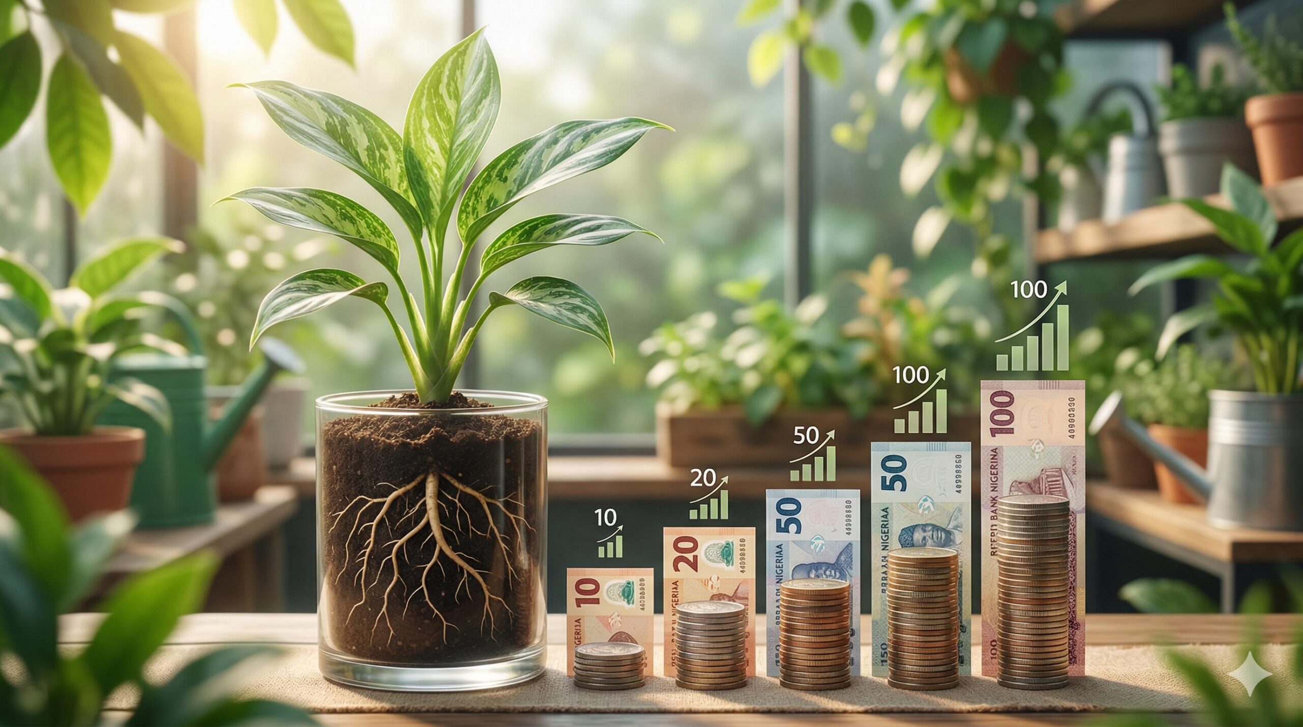 Small plant and incrementally larger currency piles growing stably together, symbolizing risk management.