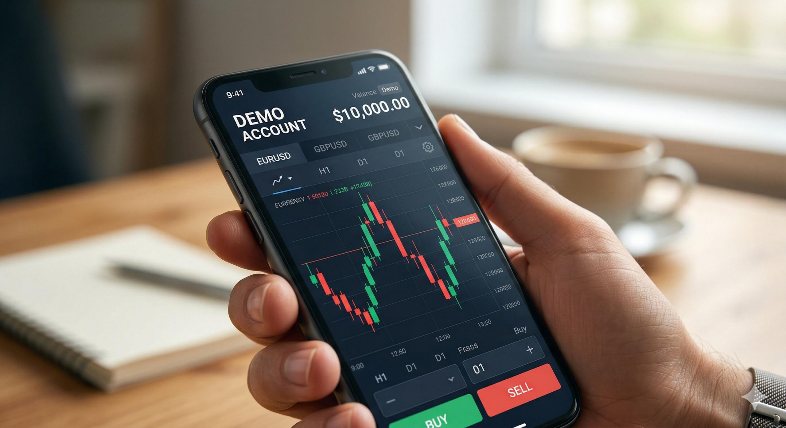 Smartphone screen showing a free forex demo account balance.