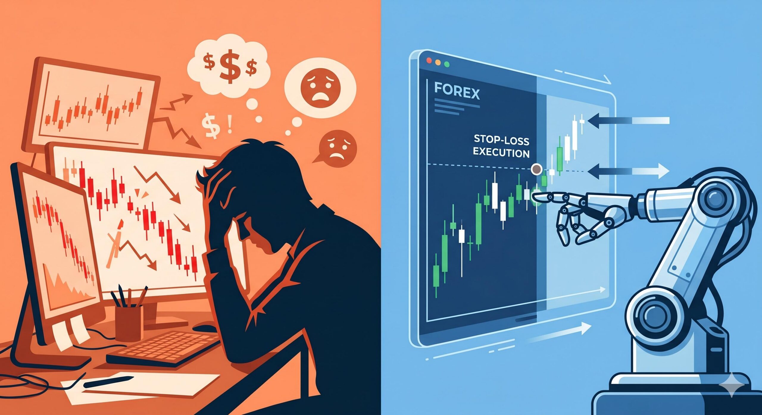 Split-screen illustration contrasting emotional manual trading with systematic automated trading.