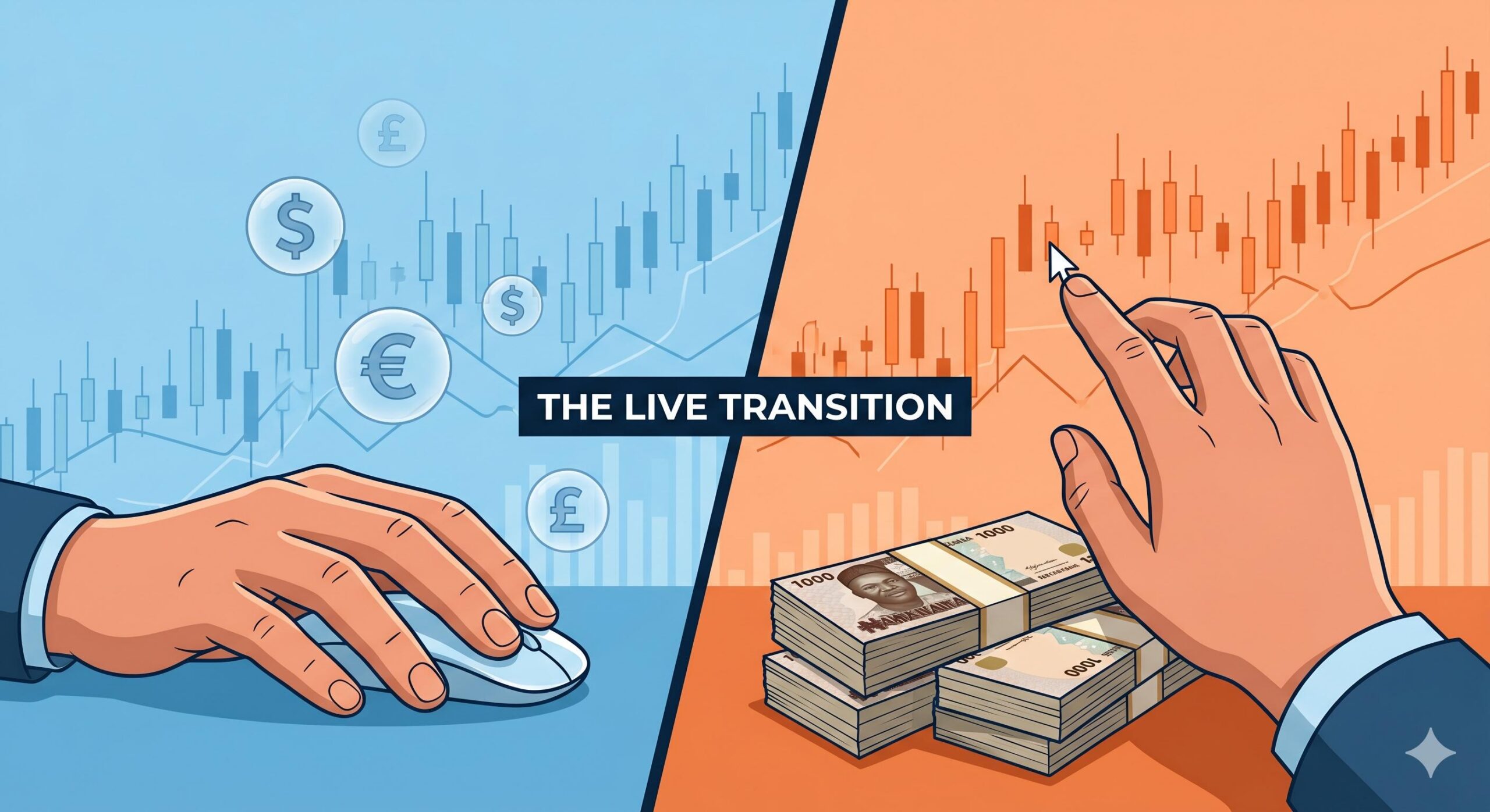Split-screen illustration showing virtual trading vs. real money trading psychology.
