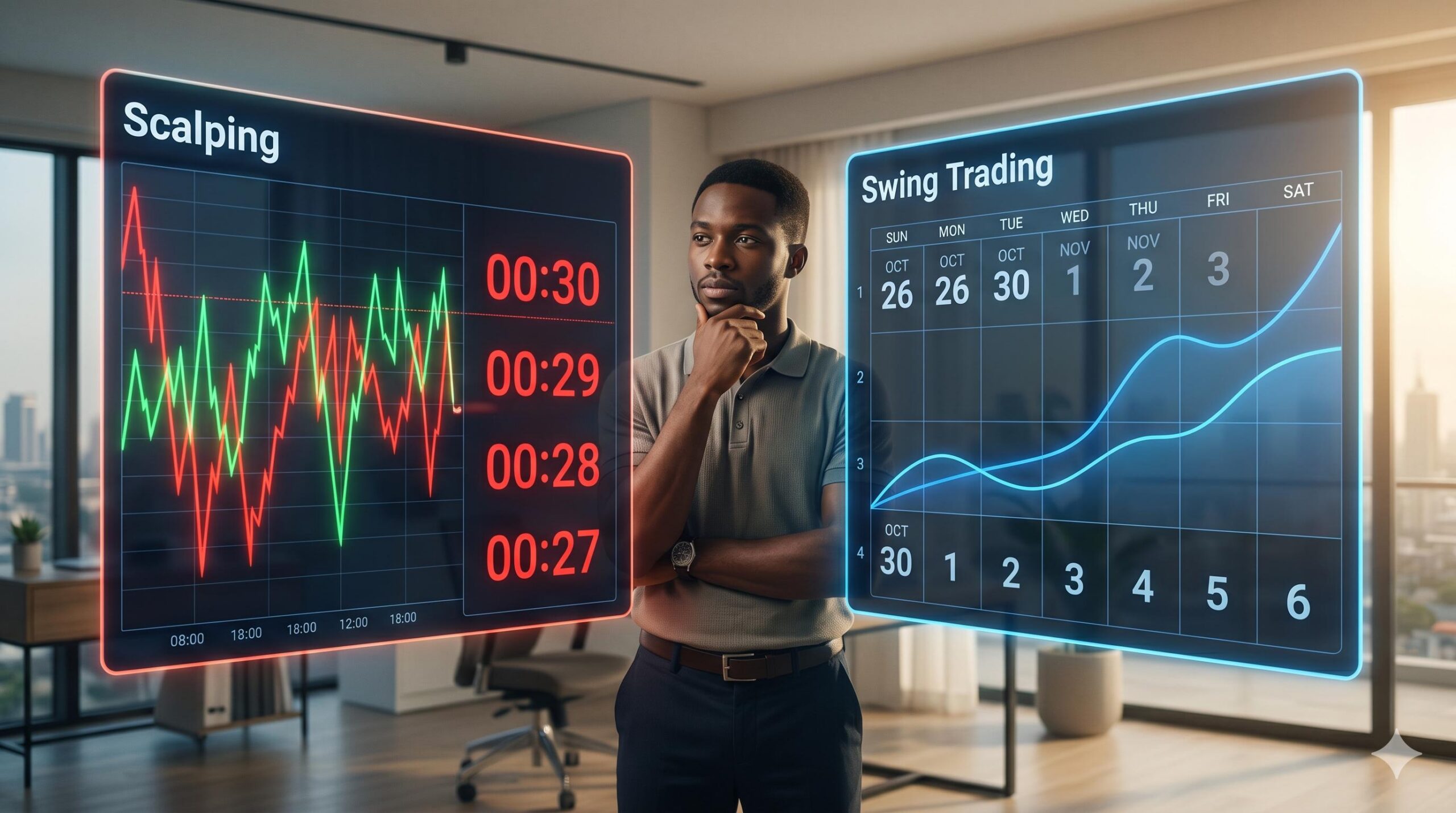 Split screen visualizing fast scalping trades vs. slow swing trading.