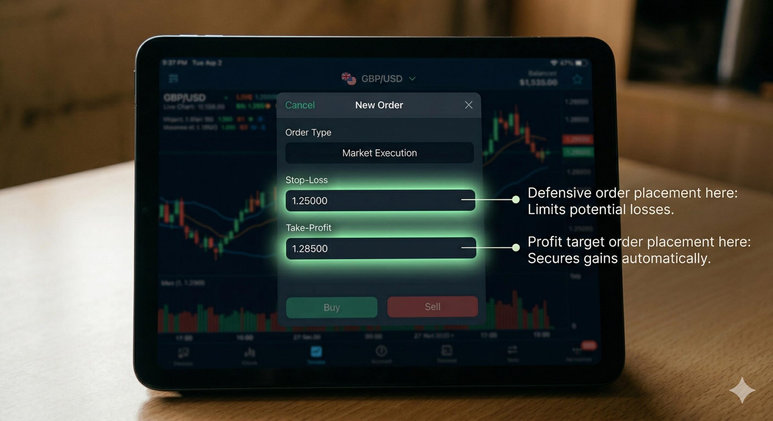 Tablet screen highlighting Stop-Loss and Take-Profit fields in a trade order window.