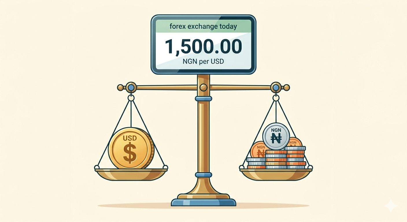 Vector diagram showing a balanced scale with USD on one side and multiple NGN on the other, representing forex exchange today currency pair value comparison.