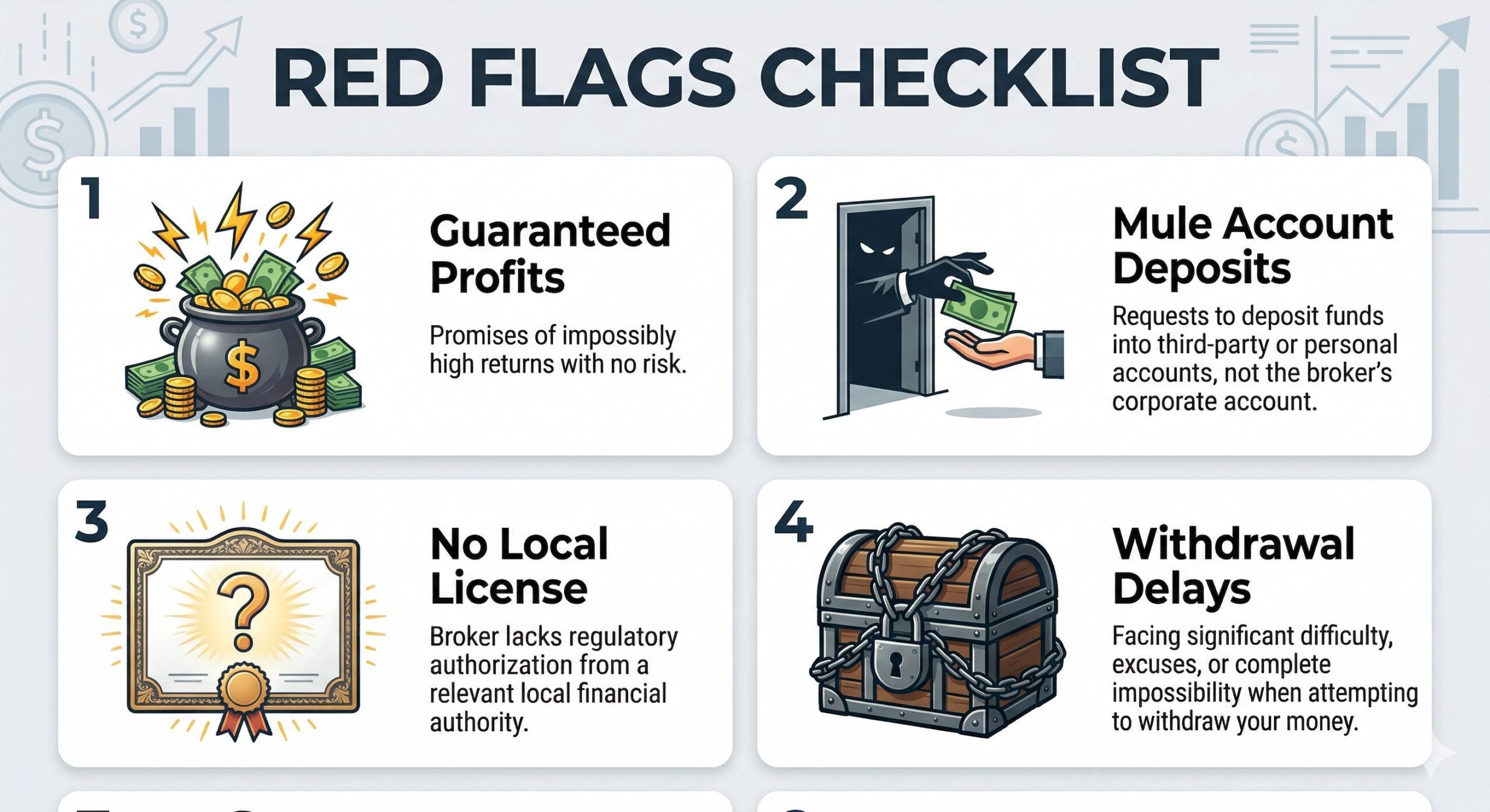 Visual checklist of forex scam red flags.
