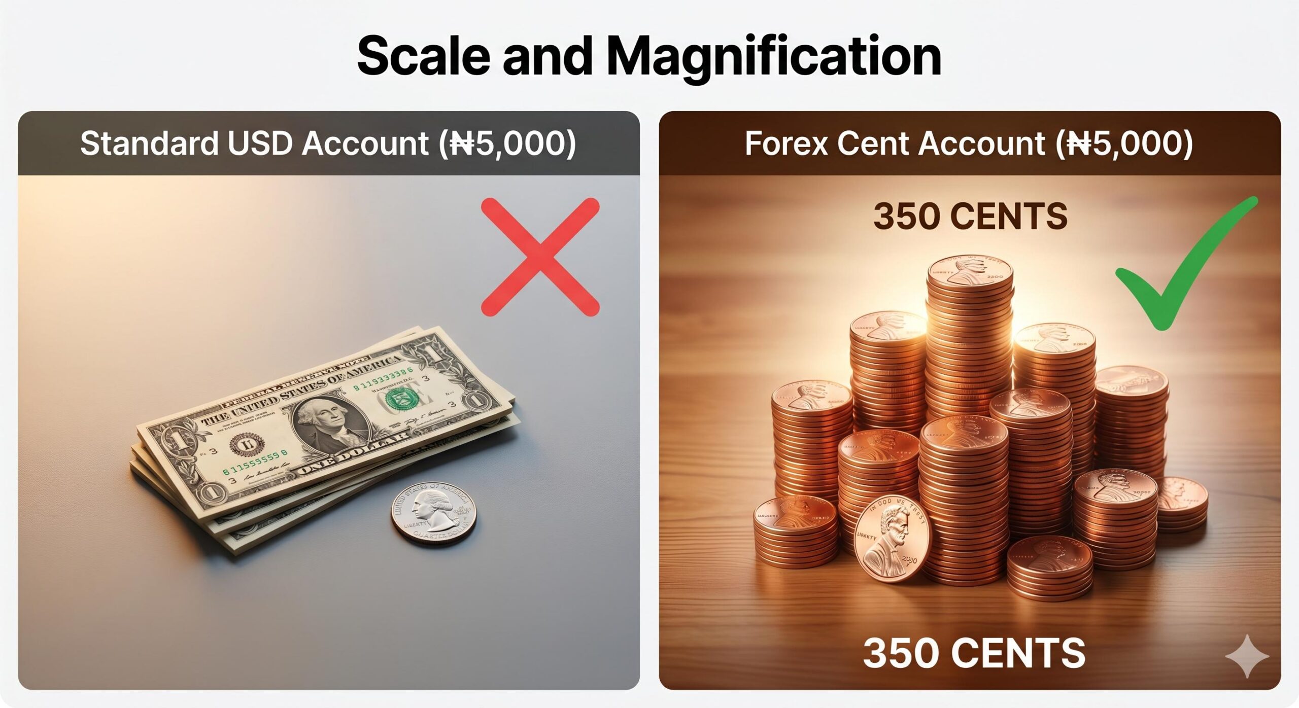 Visual comparison showing how the same amount of Naira looks much larger in a Cent account than a Standard account.