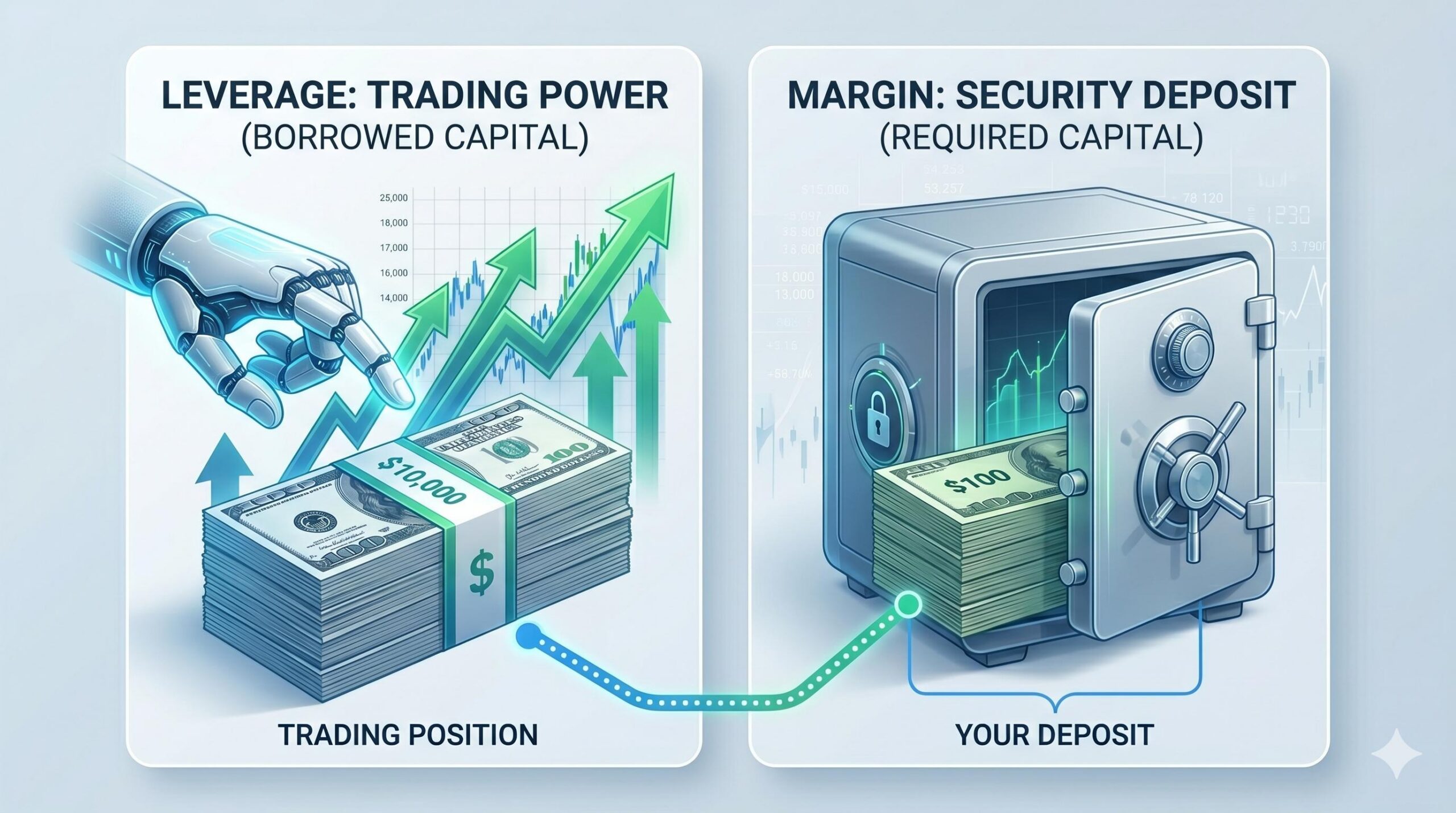Visual explanation of leverage as trading power and margin as a secure deposit.