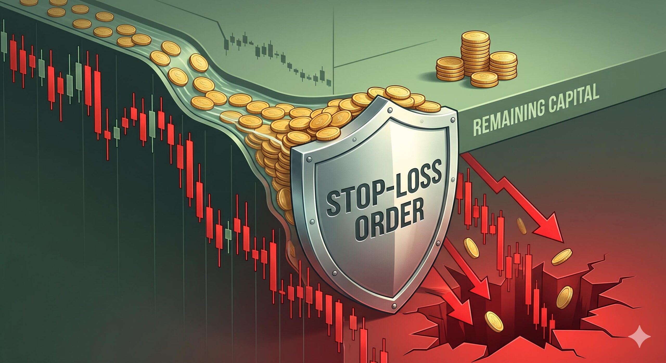 Visual graphic showing a Stop-Loss shield protecting capital from a market downturn.