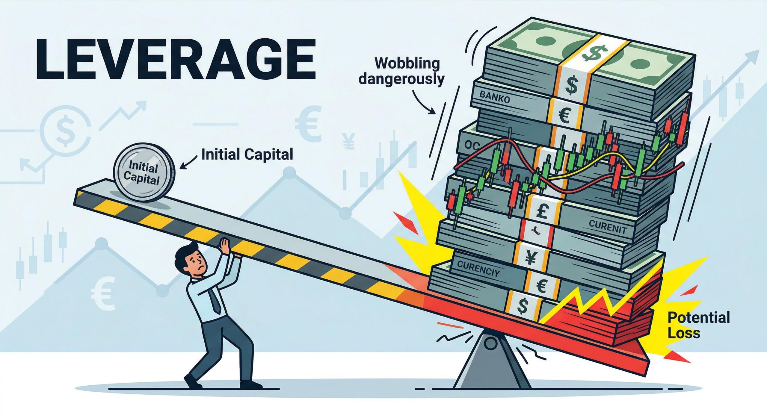 Visual illustration of small figure using leverage, balancing heavy unstable currencies.