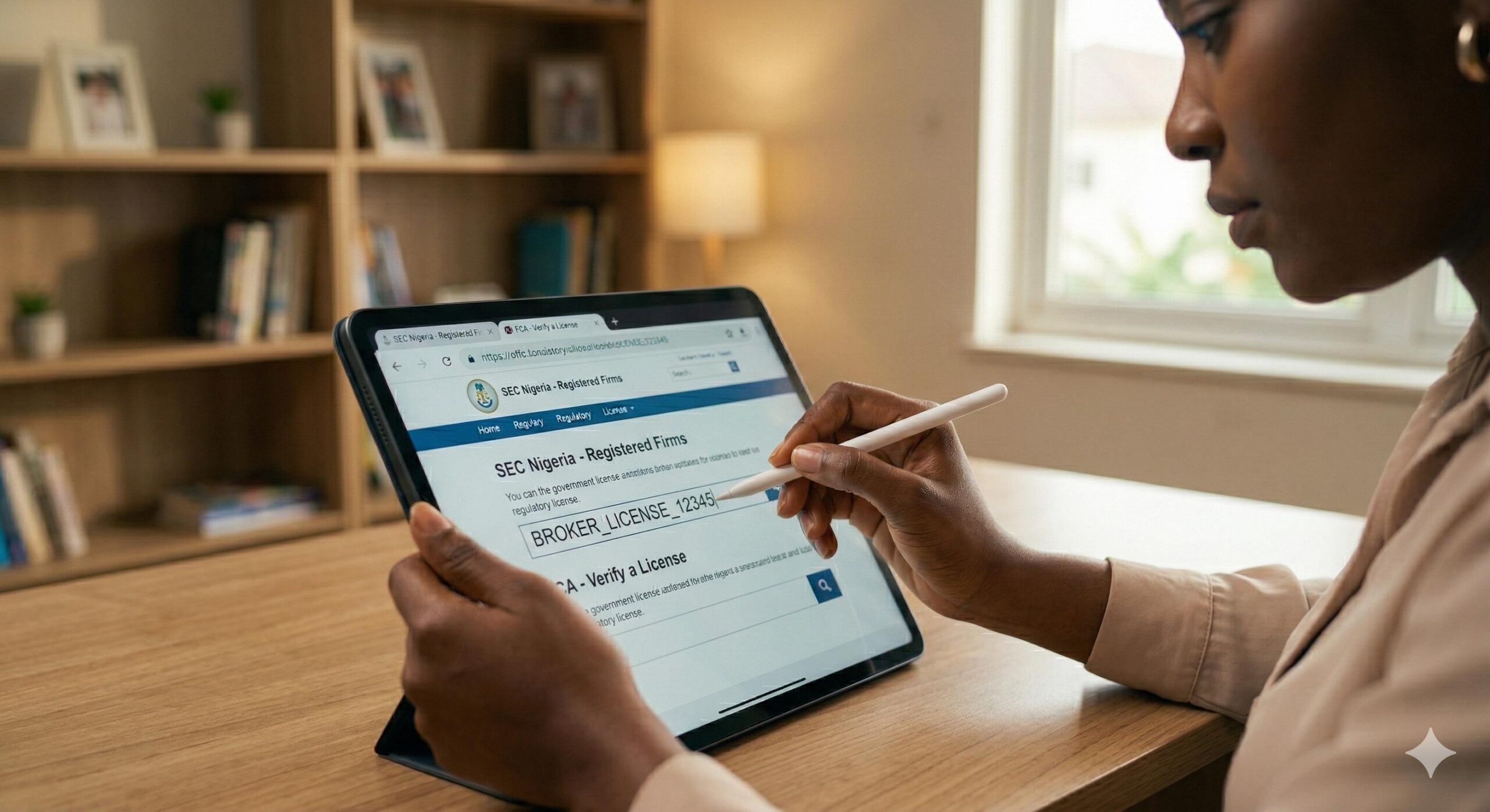 Woman Methodically verifying a broker license on an official government regulatory website.