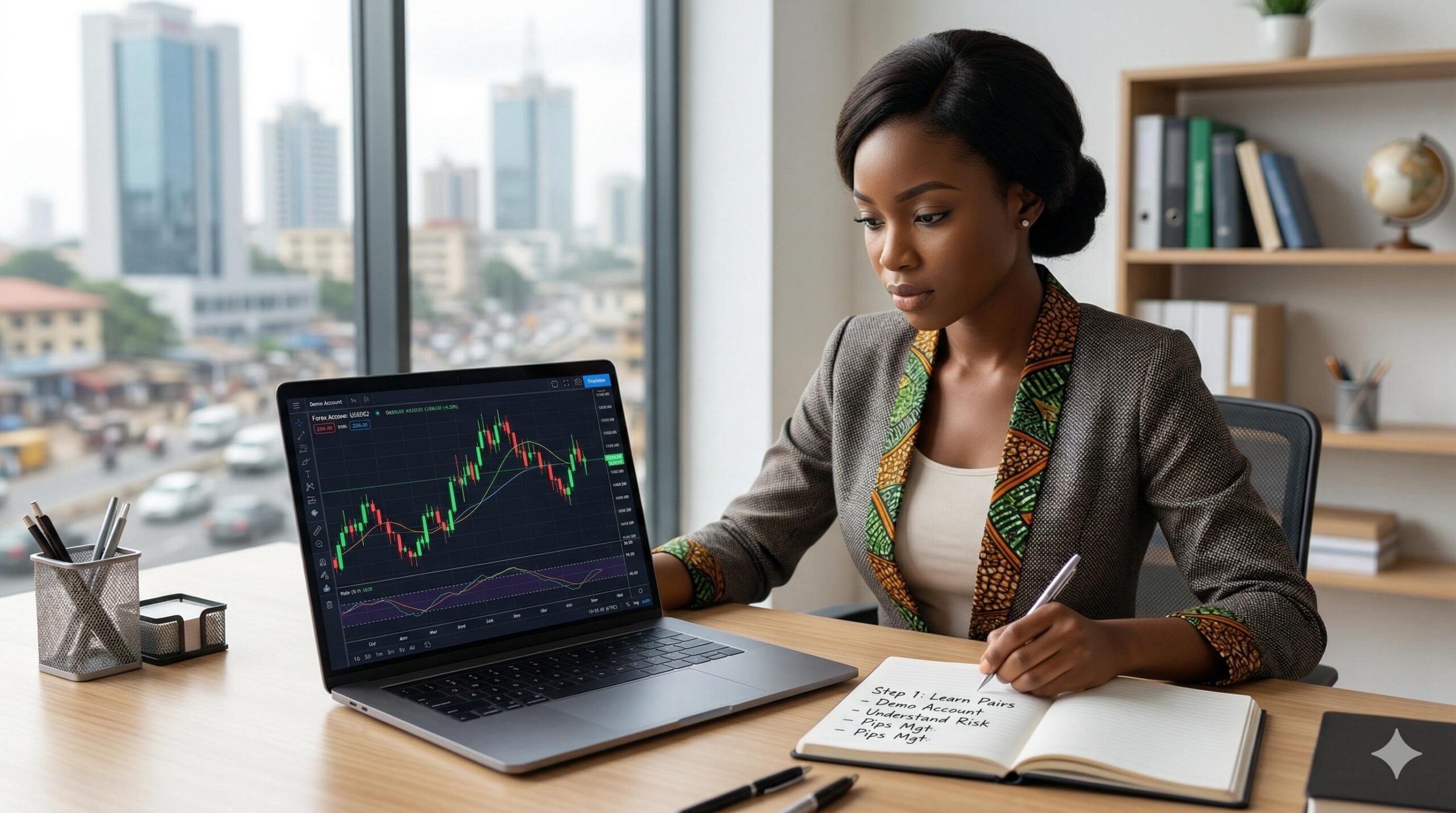 Young Nigerian professional focuses on learning forex trading, laptop chart visible.