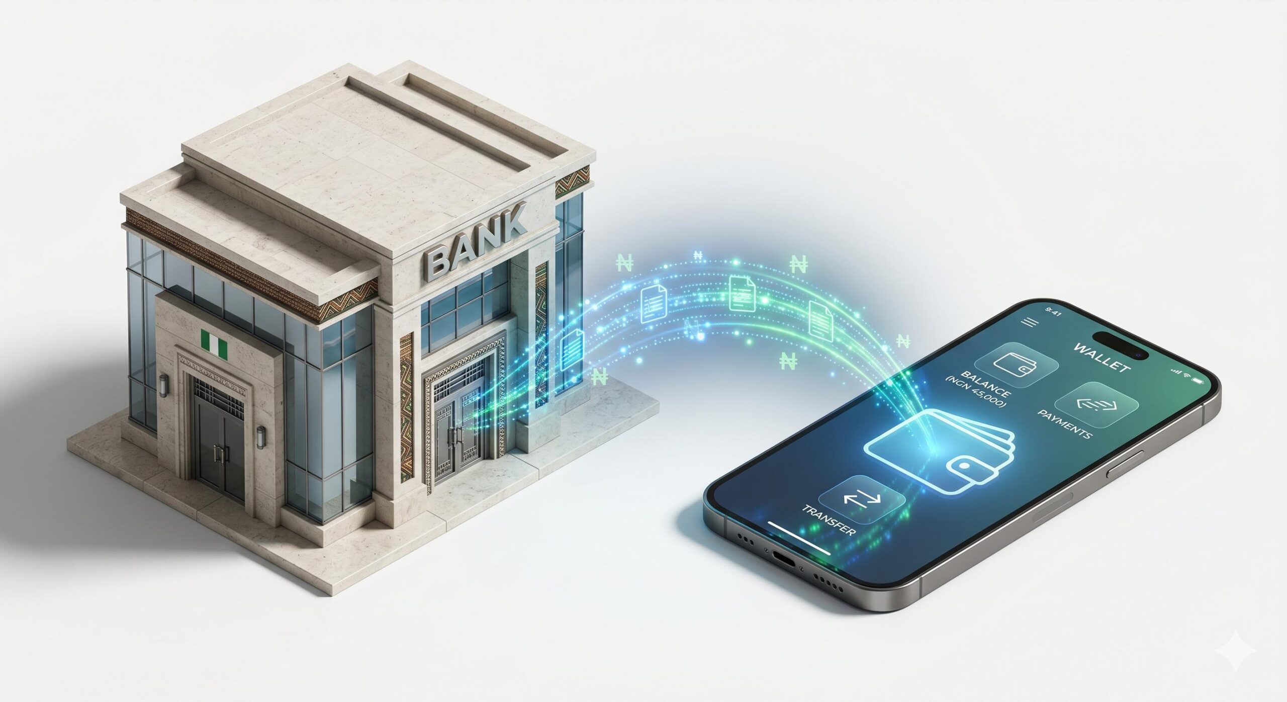 3D rendering of a modern bank building connecting via data stream to a digital wallet on a smartphone.