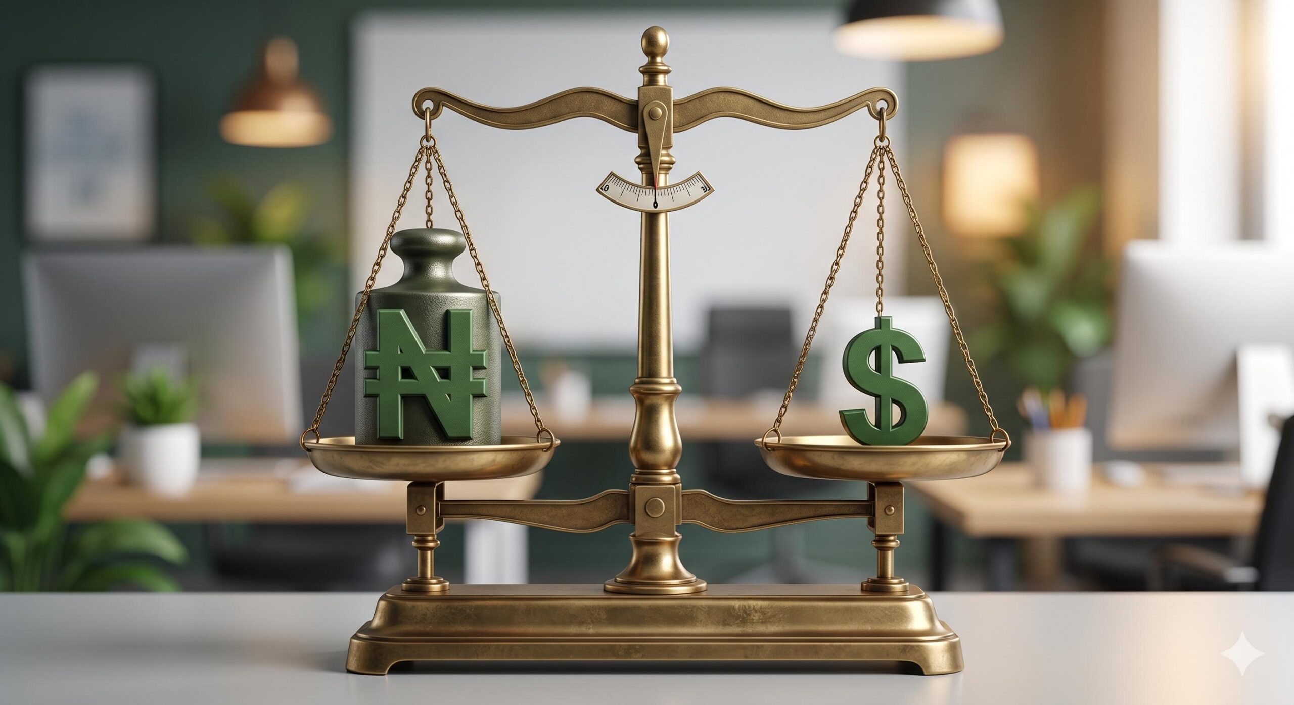 A balancing scale weighing Nigerian Naira against the US Dollar.