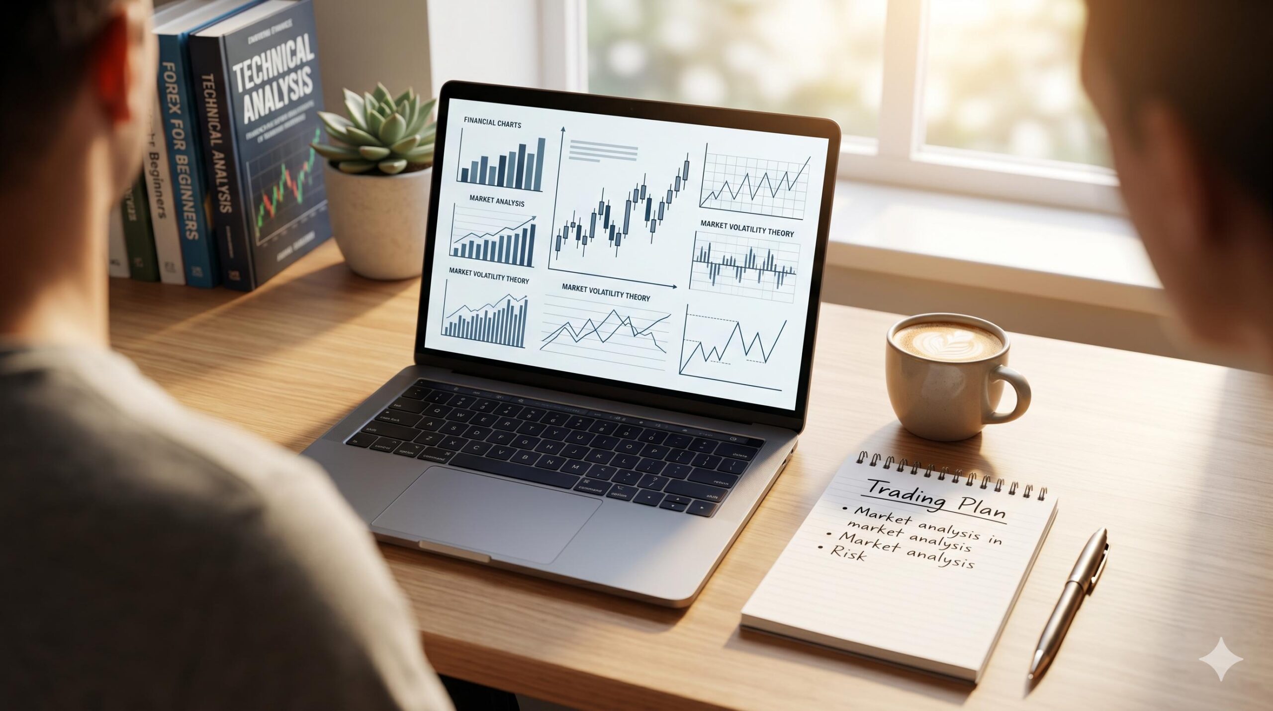 A beginner's trading desk setup highlighting the importance of financial education and market research.
