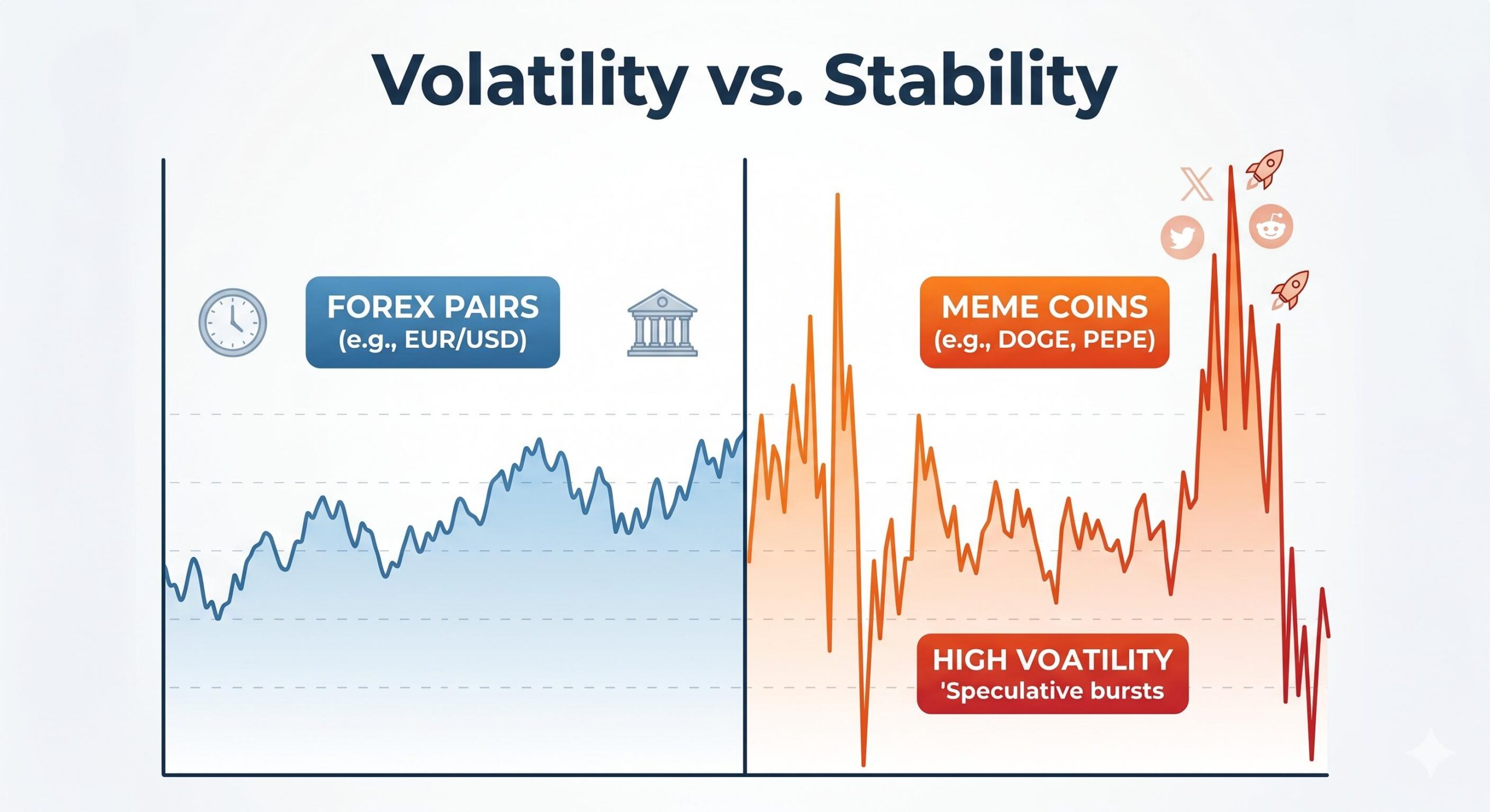 A comparison infographic illustrating the steady volatility of Forex pairs versus the extreme price spikes of meme coins.