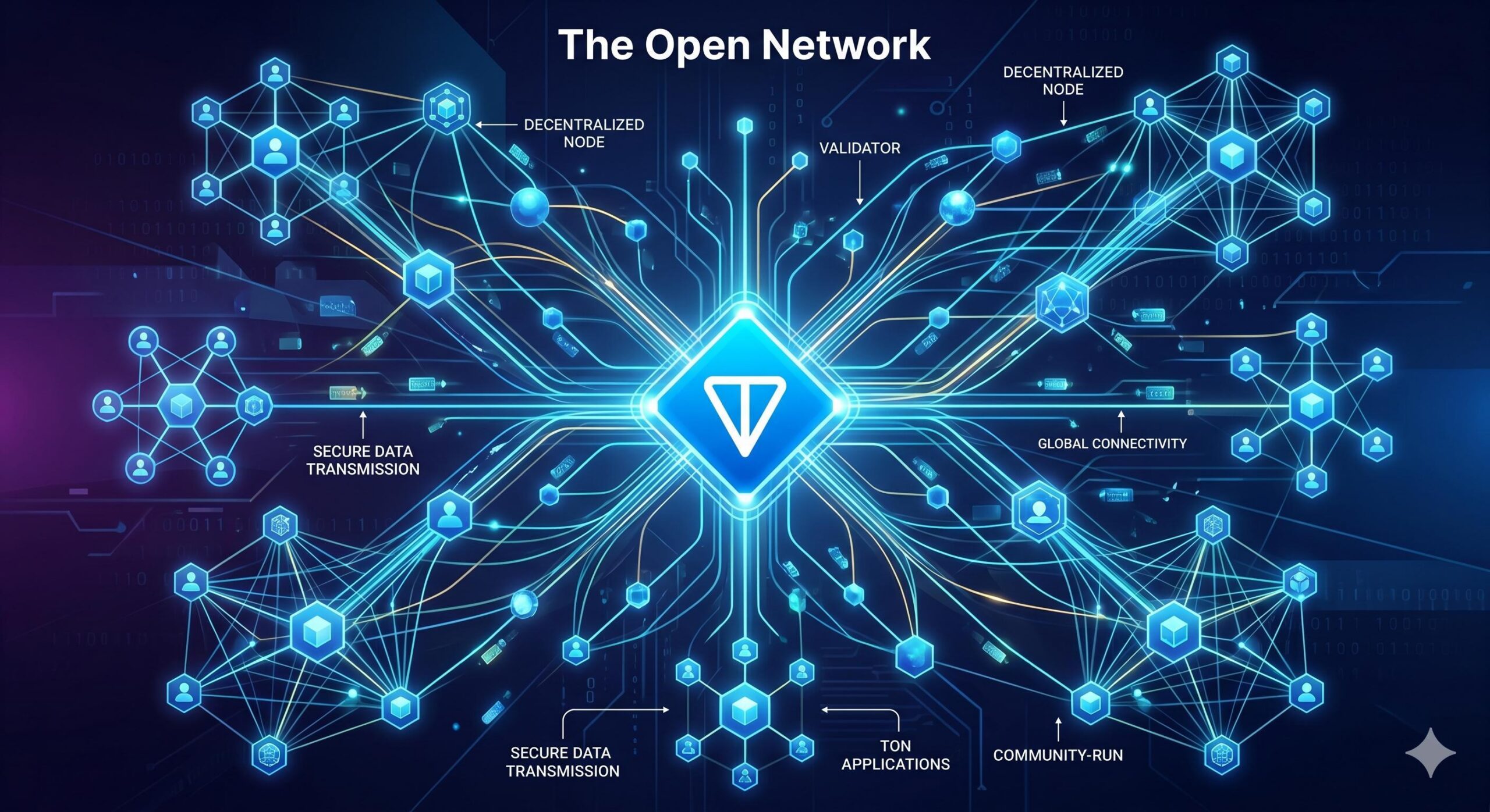 A complex, schematic network visualization showing nodes connected by light trails, with a central node featuring the blue diamond TON logo.