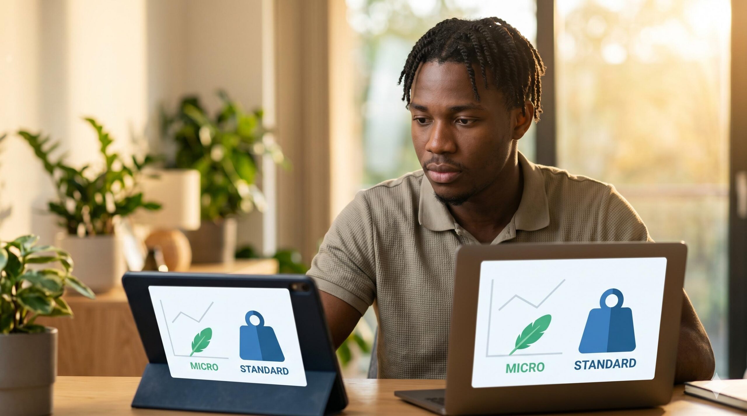 A composed Nigerian man analyzing different trading account size options on digital screens.