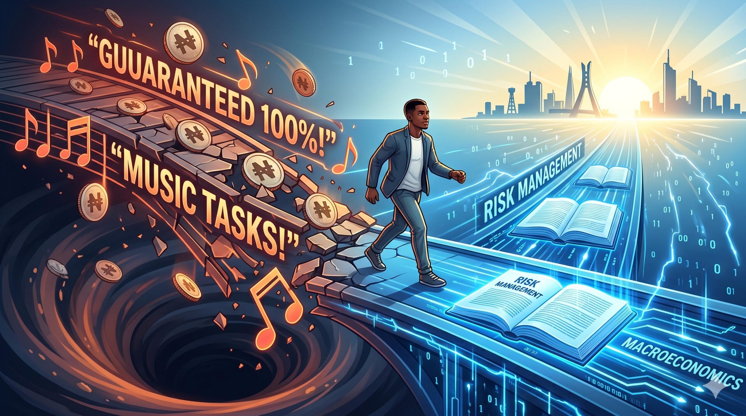 A conceptual illustration contrasting collapsing financial schemes with the solid path of financial education in Nigeria.