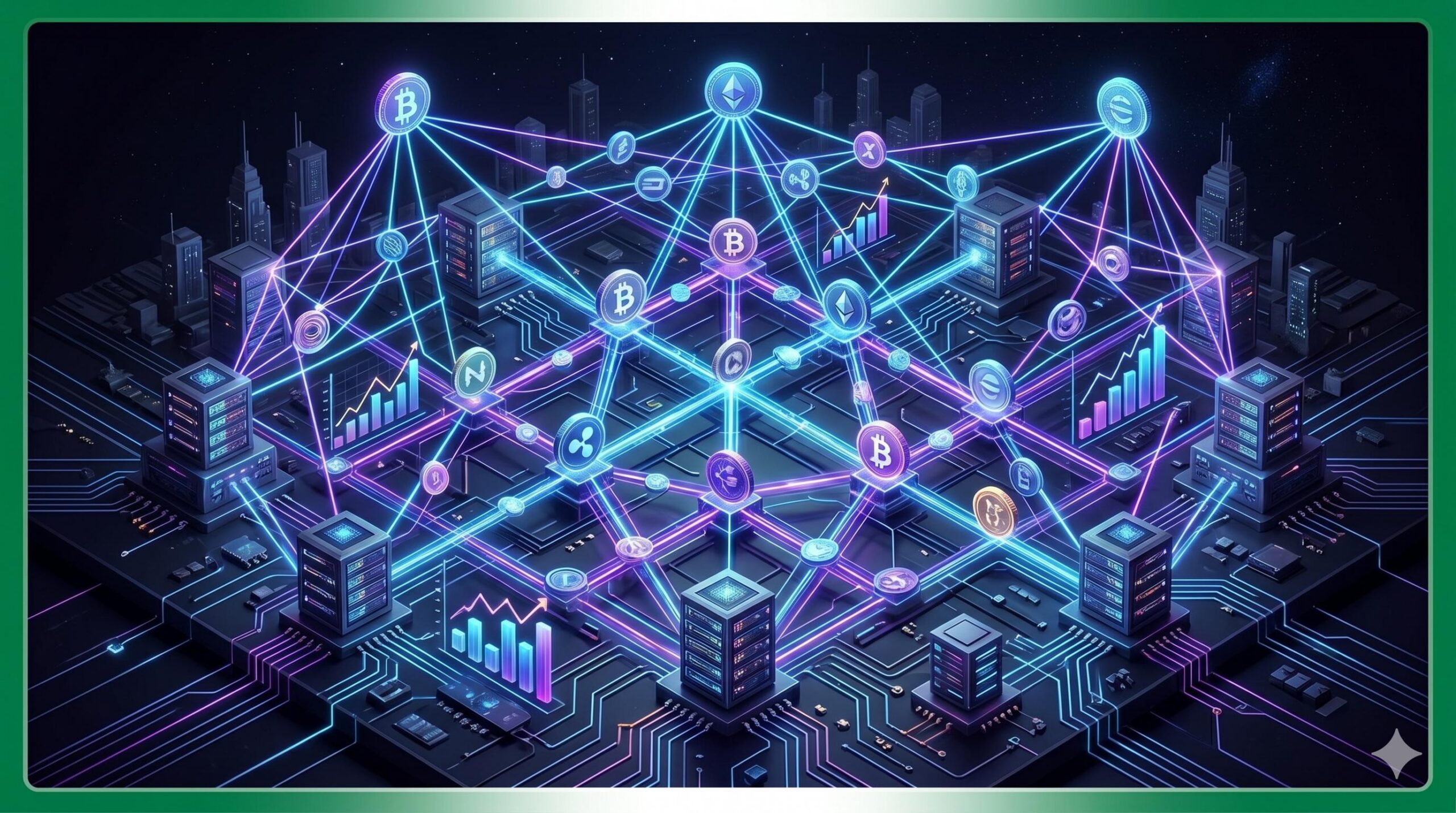 A decentralized blockchain network showing interconnected nodes and digital cryptocurrency tokens.