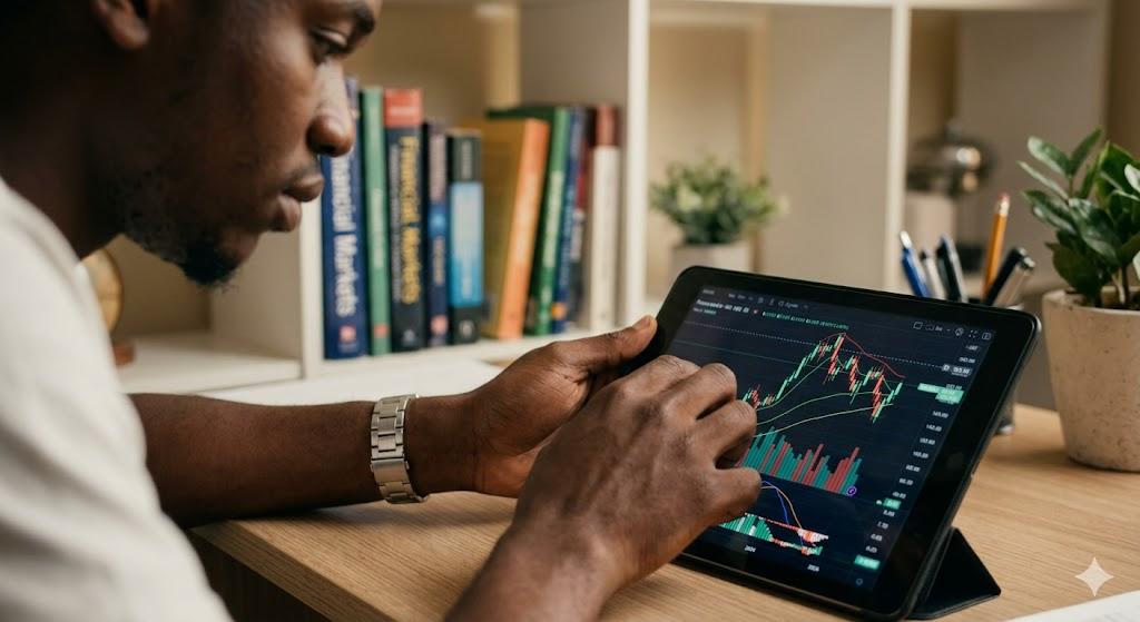 A focused beginner trader in Nigeria analyzing technical data and volume charts on a tablet.