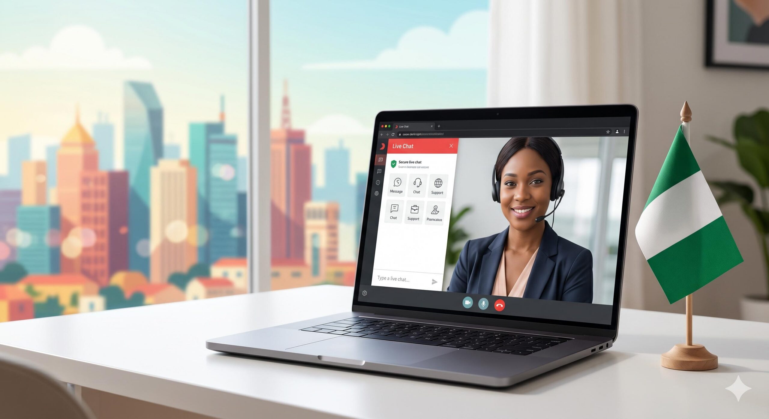 A friendly Nigerian woman on a video call on a laptop displaying official digital support options.