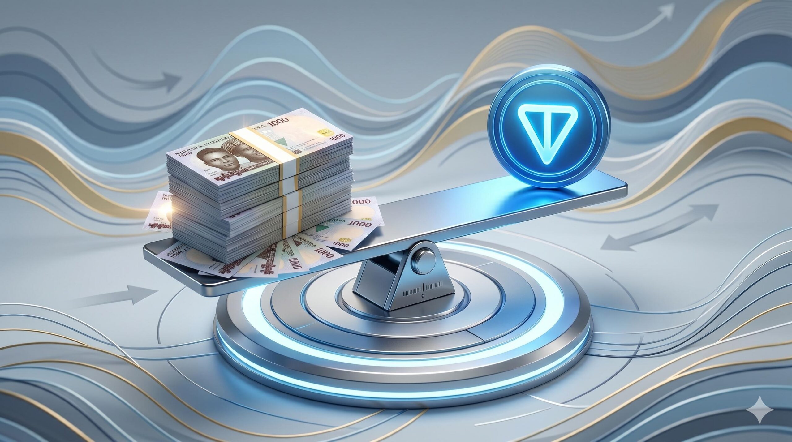 A futuristic seesaw balancing a large stack of Nigerian Naira notes on one side and a glowing blue Toncoin (TON) logo on the other, against a background of subtle fluctuation lines.
