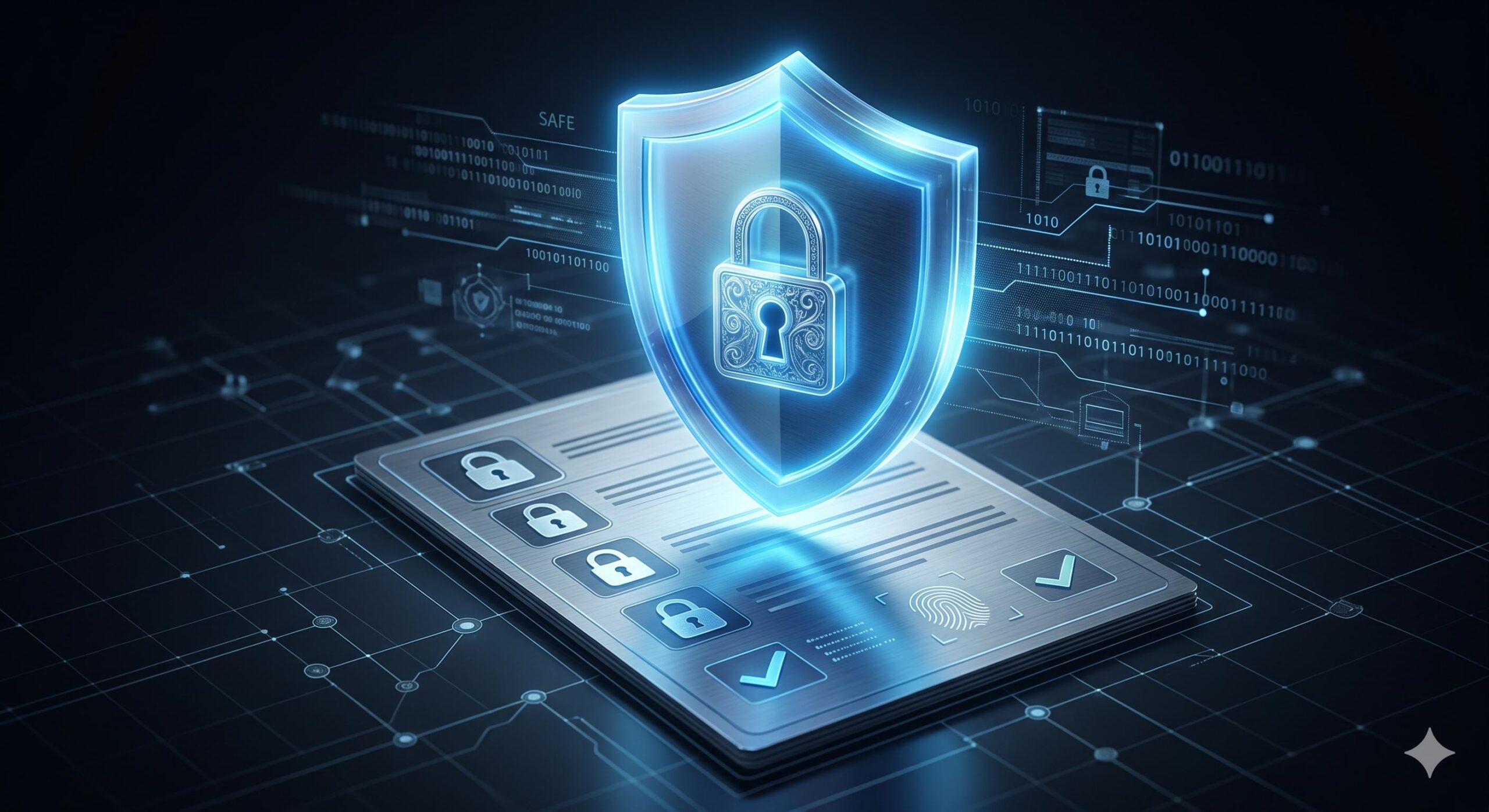 A glowing digital security shield protecting a locked document.