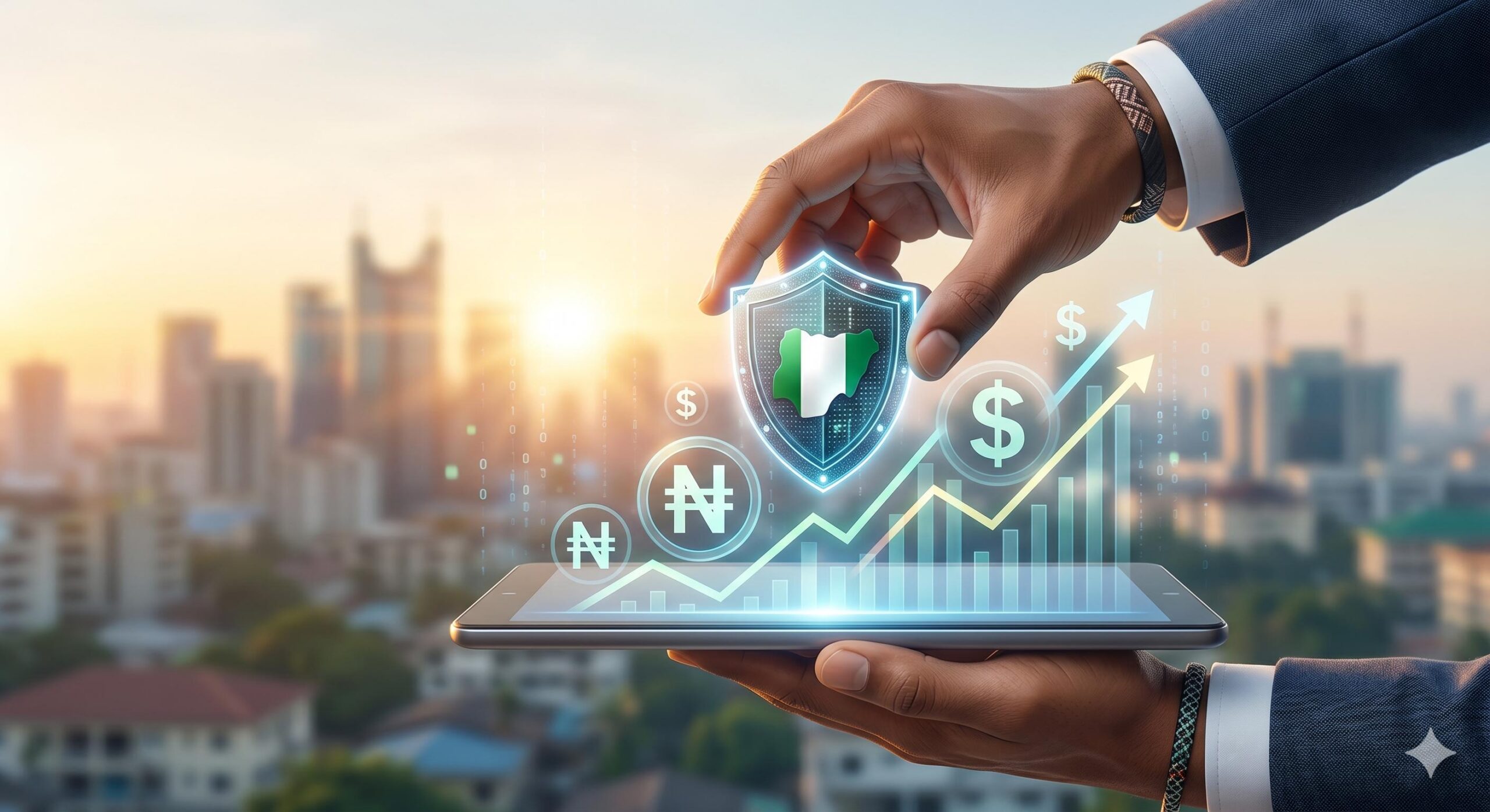 A hand placing a shield over currency symbols and rising chart lines on a tablet, representing responsible trading with managed risk.