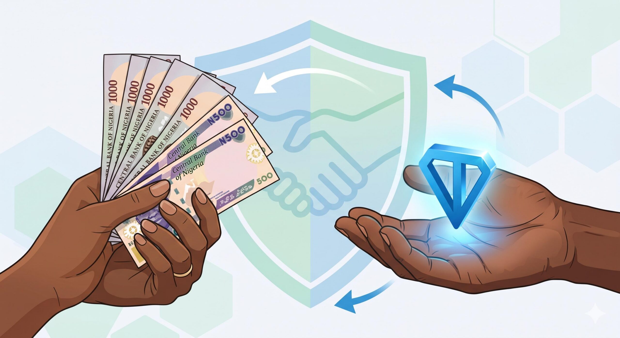A minimalist, close-up view of two diverse hands (one holding Naira banknotes, the other holding a glowing 3D TON logo symbol) with an abstract handshake and shield behind them.