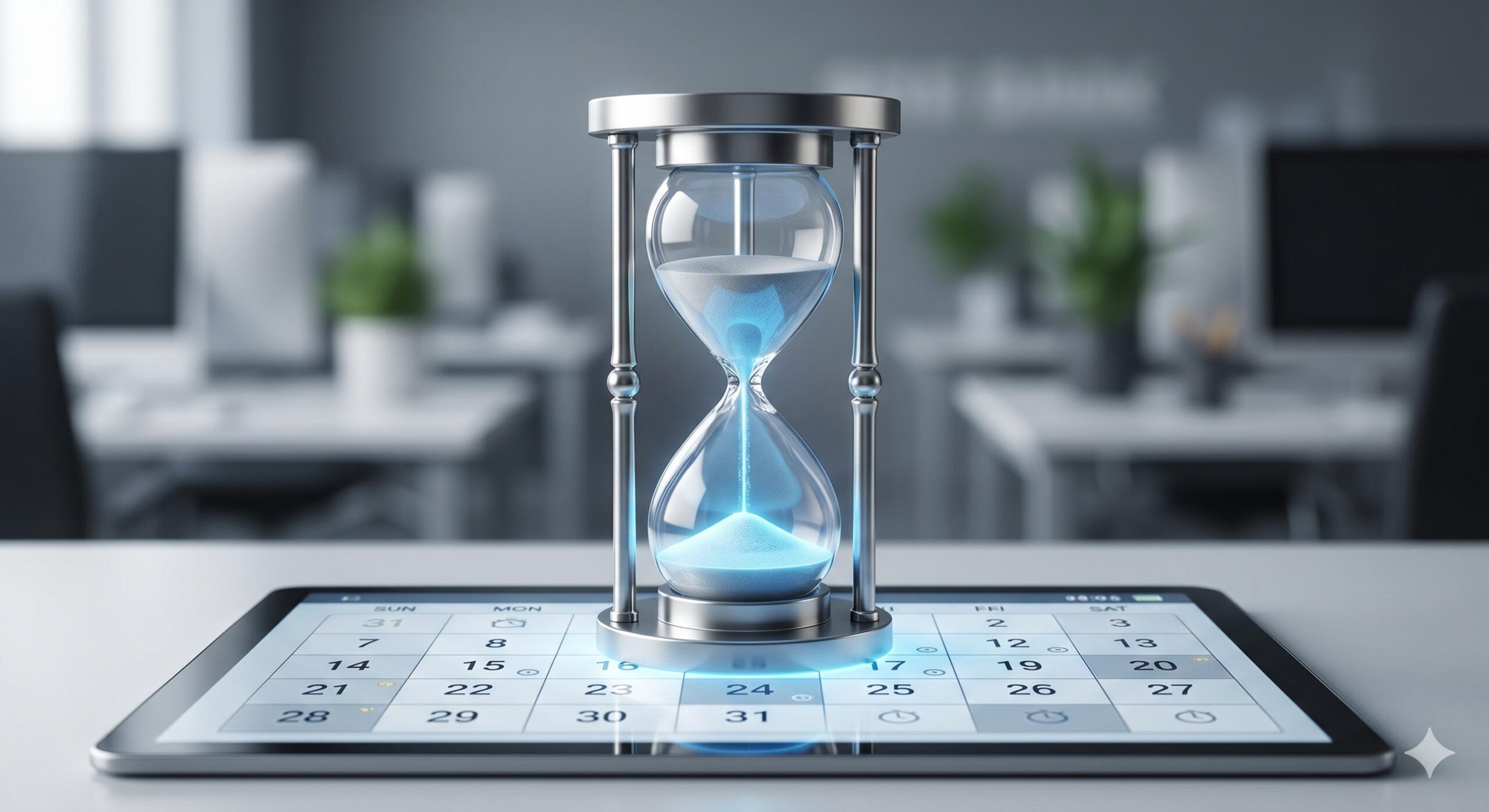 A sleek silver hourglass resting on a digital desk calendar.