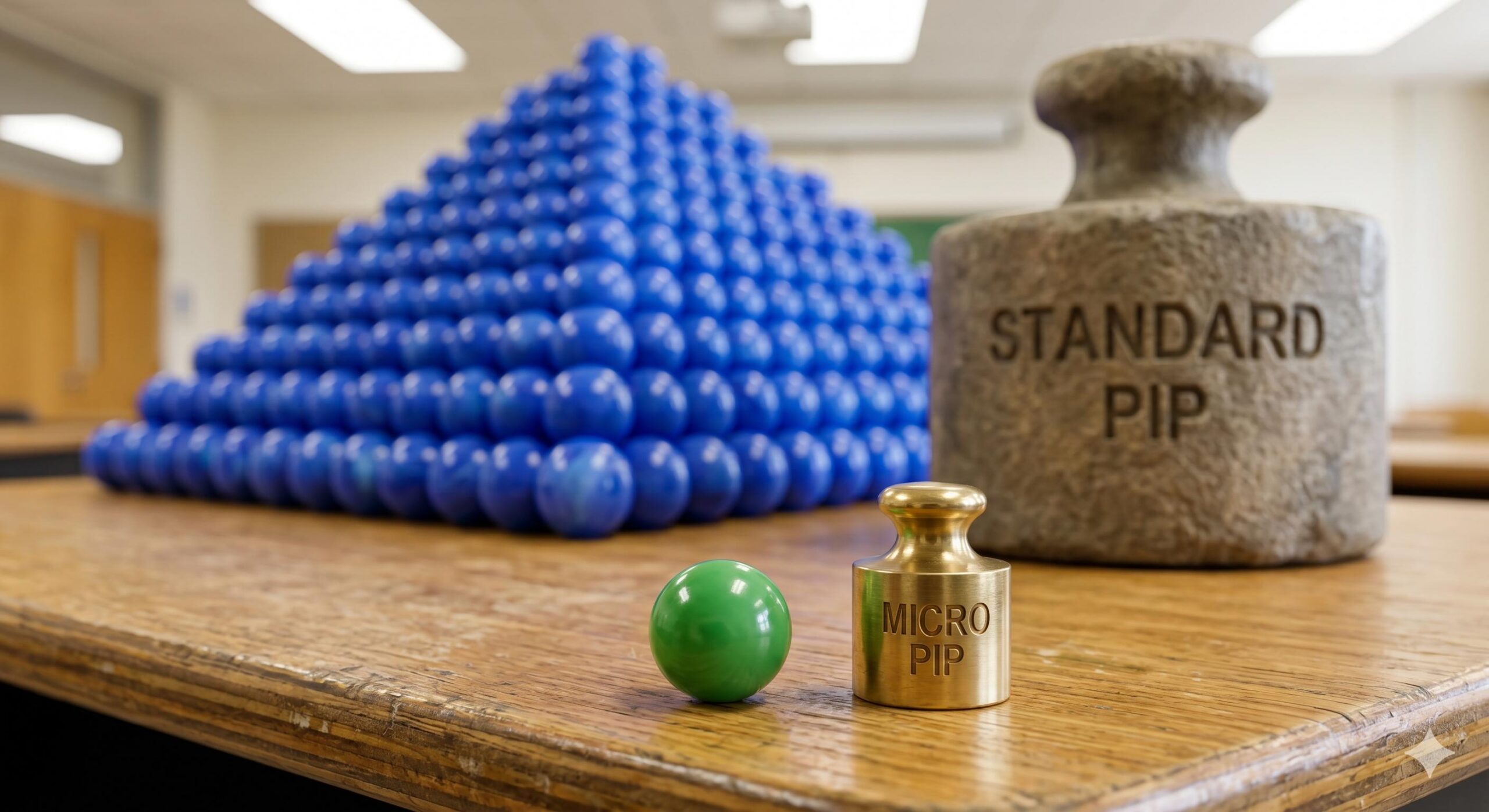 A small marble and a large stack visualizing Micro and Standard contract size differences.