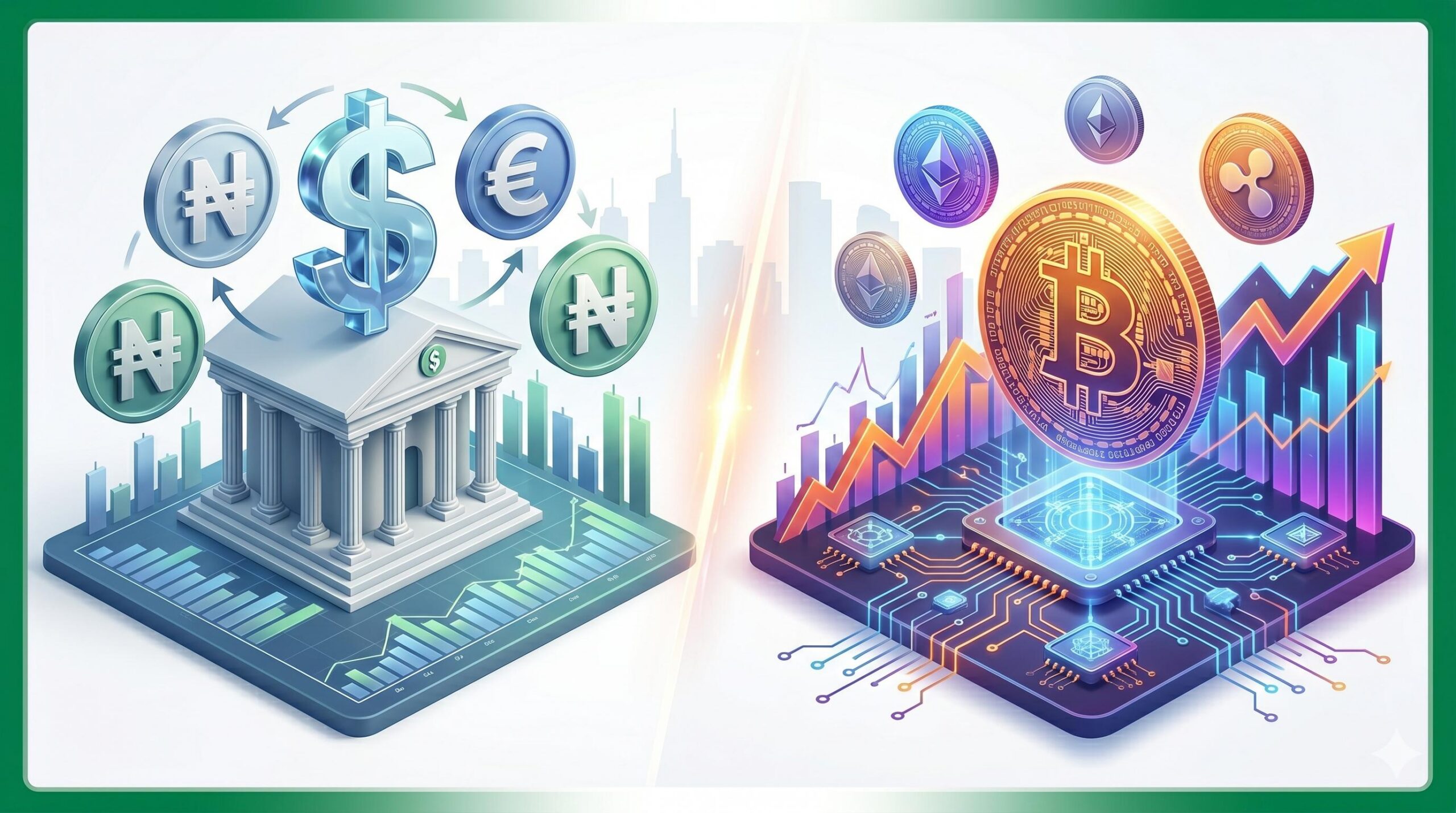 A split visual comparison showing traditional Forex fiat currencies on the left and decentralized Cryptocurrency assets on the right.