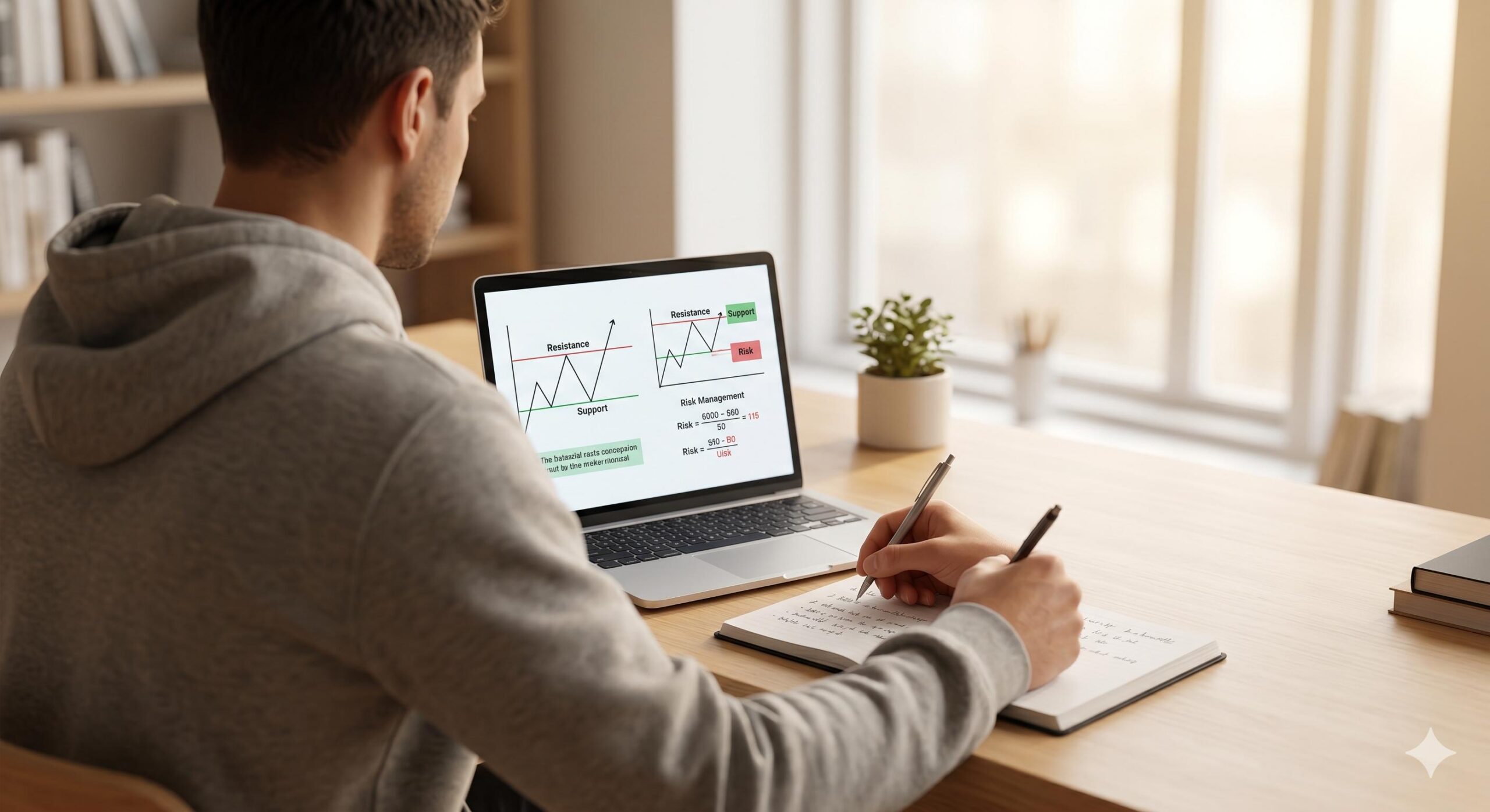 A student taking notes while studying forex charts on a laptop.