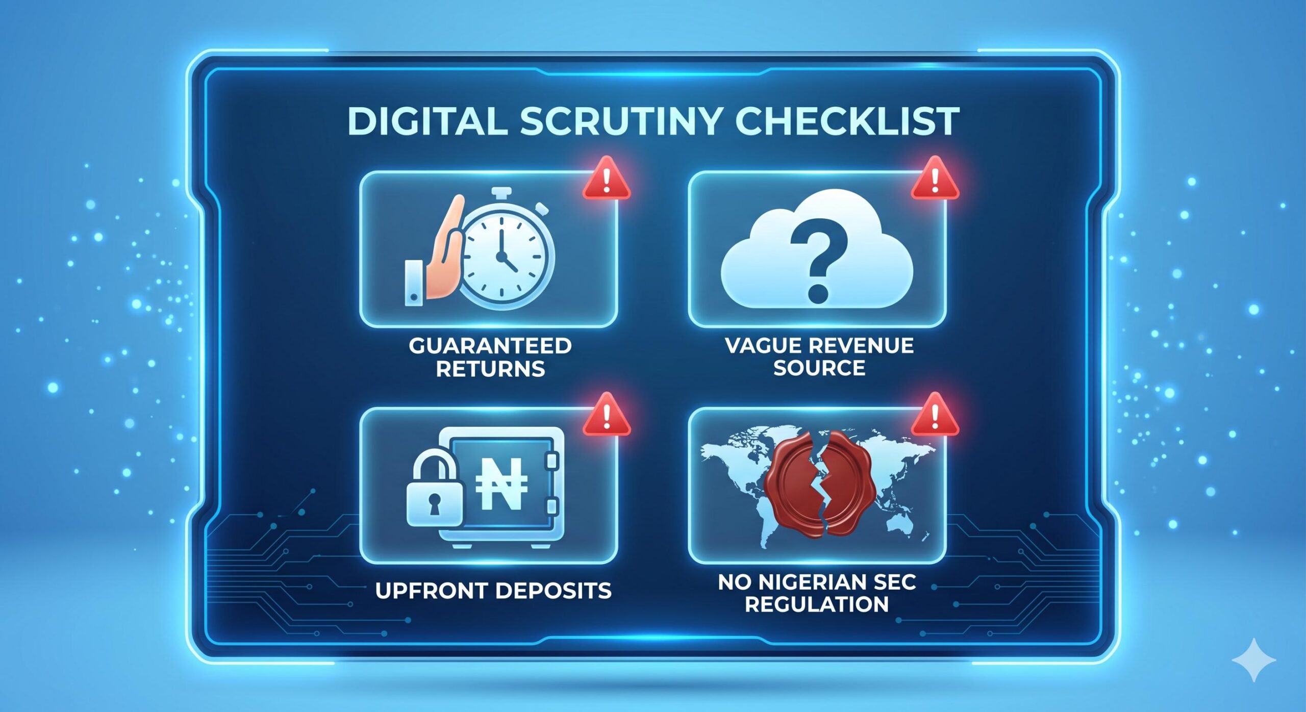 A visual infographic panel listing key red flags of financial schemes for beginners.