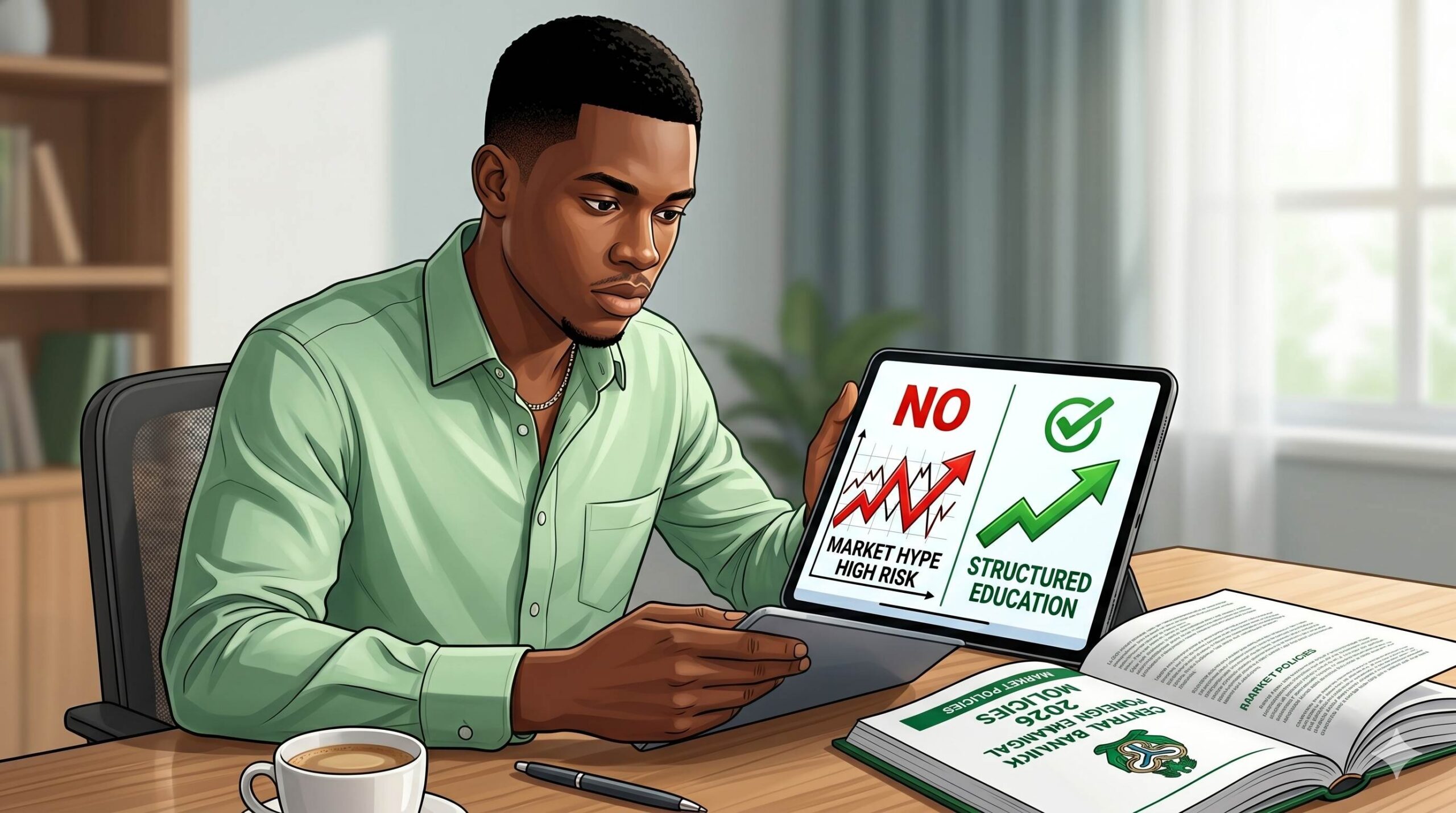 A young Nigerian student focusing on risk-aware forex education, contrasting stable learning with high-risk volatility.