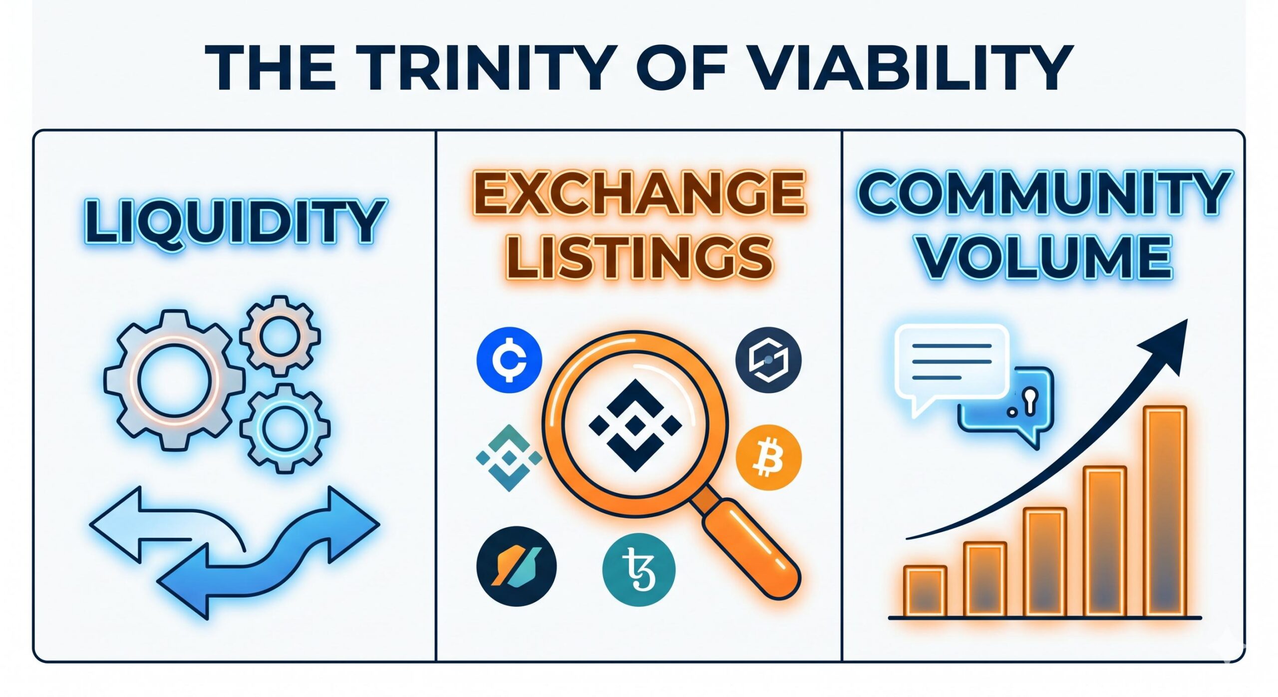 An educational infographic detailing the pillars of meme coin viability_ liquidity, exchange listings, and volume.