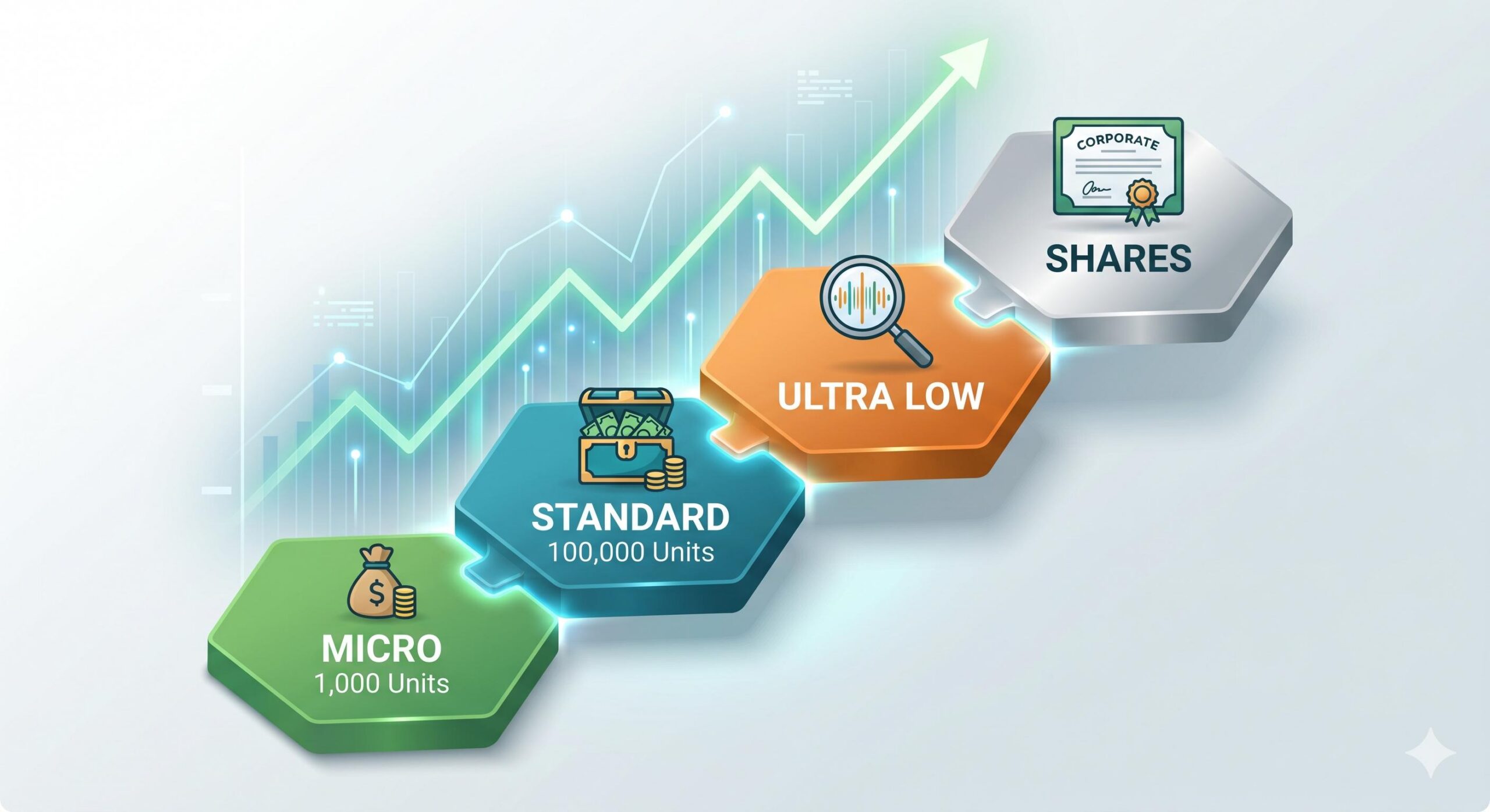 An illustrative diagram comparing Micro, Standard, Ultra Low, and Shares account tiers.