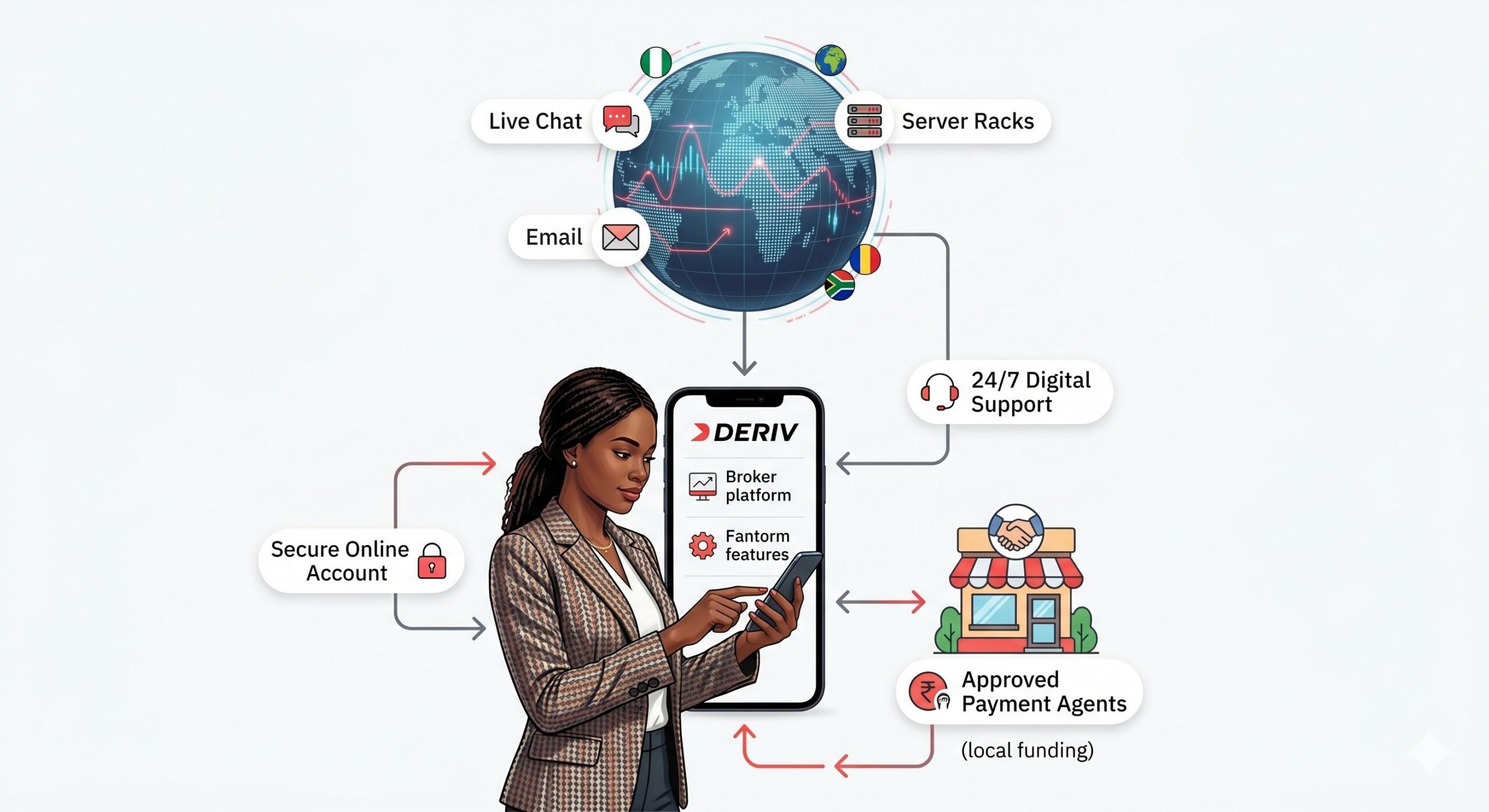 An illustrative diagram of an online broker system with local payment agents and digital support connections.
