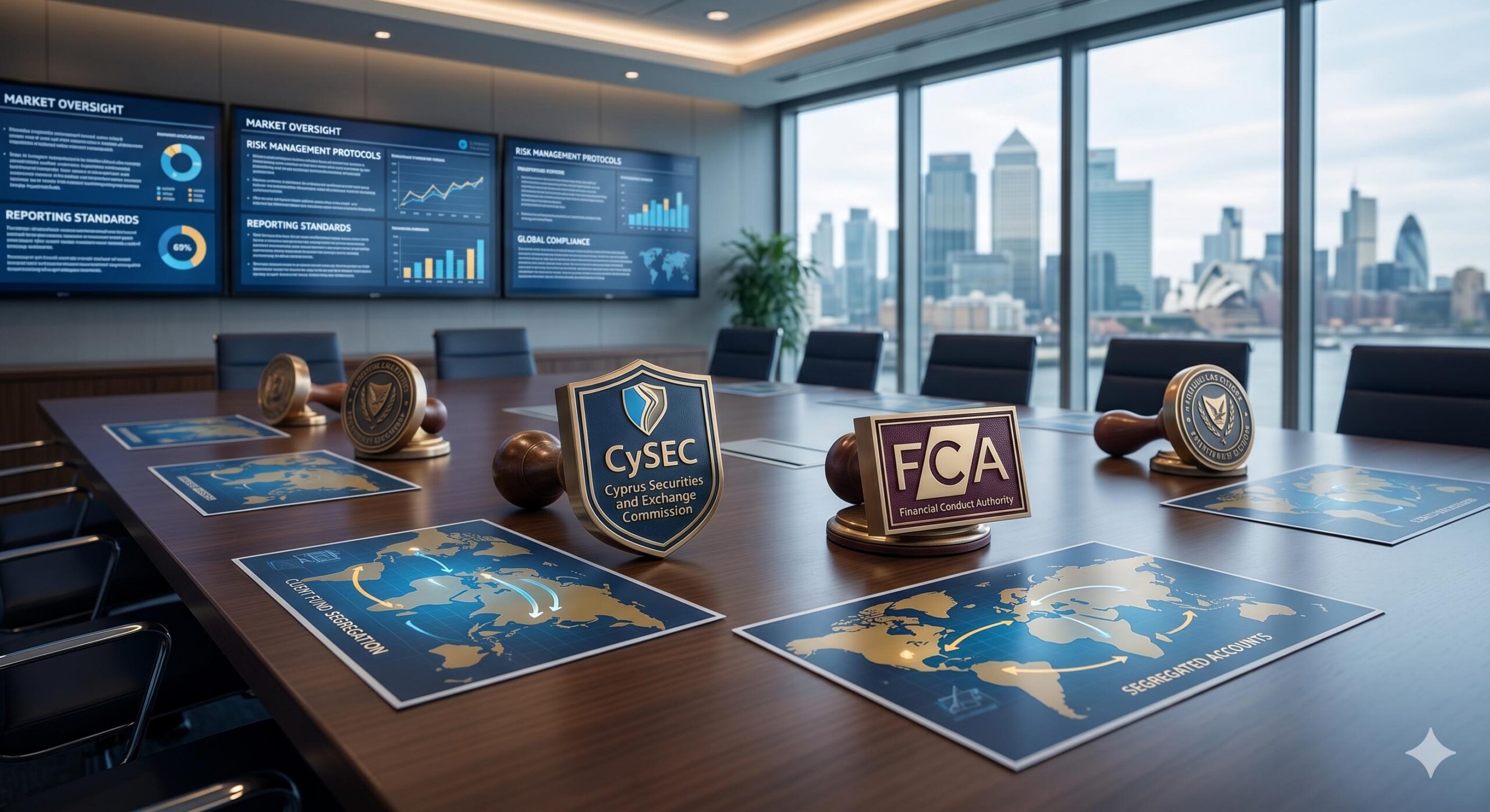 Authoritative image representing international financial regulators CySEC and FCA overseeing client fund segregation.
