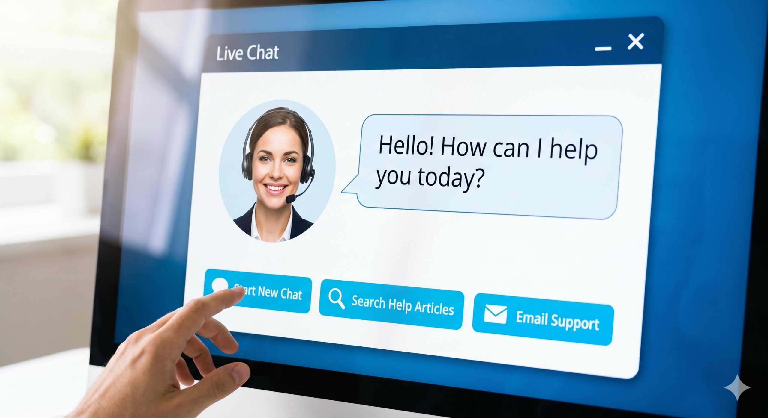 Close-up of a clean, official live chat interface showing a support agent and contact options.