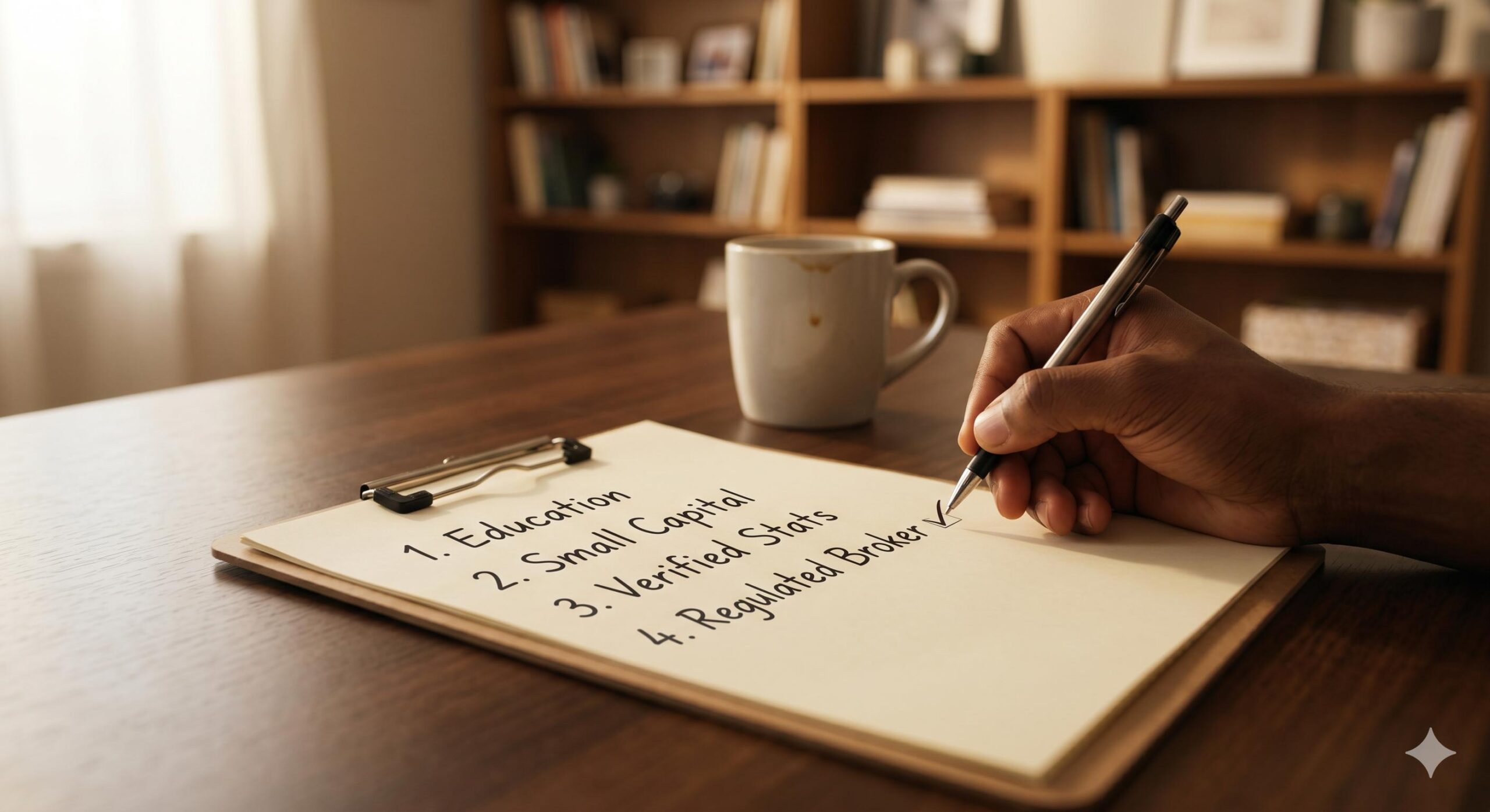 Close-up of a hand ticking off a responsibility checklist for passive Forex participation.