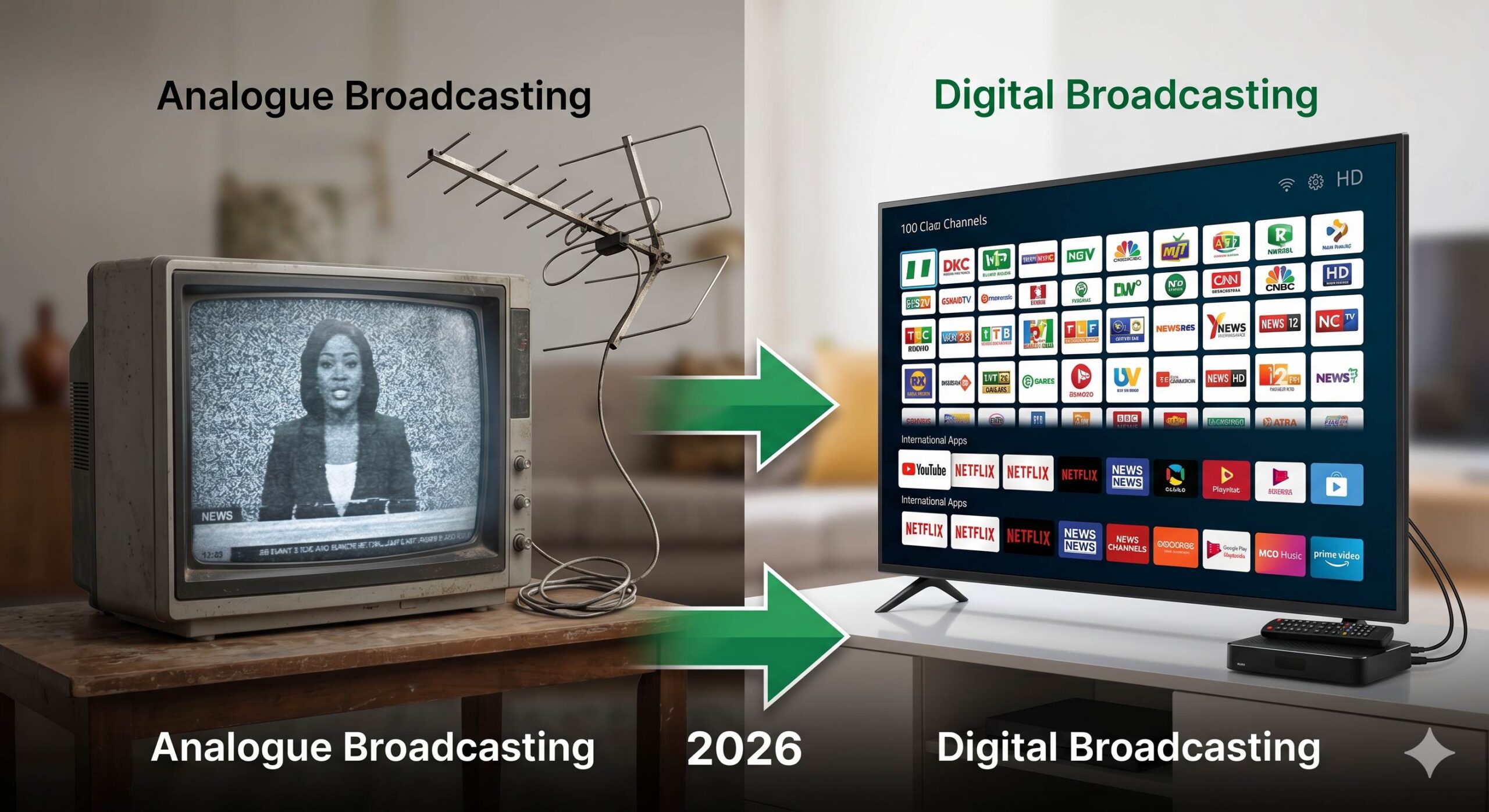 Comparison of analogue TV with aerial antenna versus modern smart TV with digital set-top box.