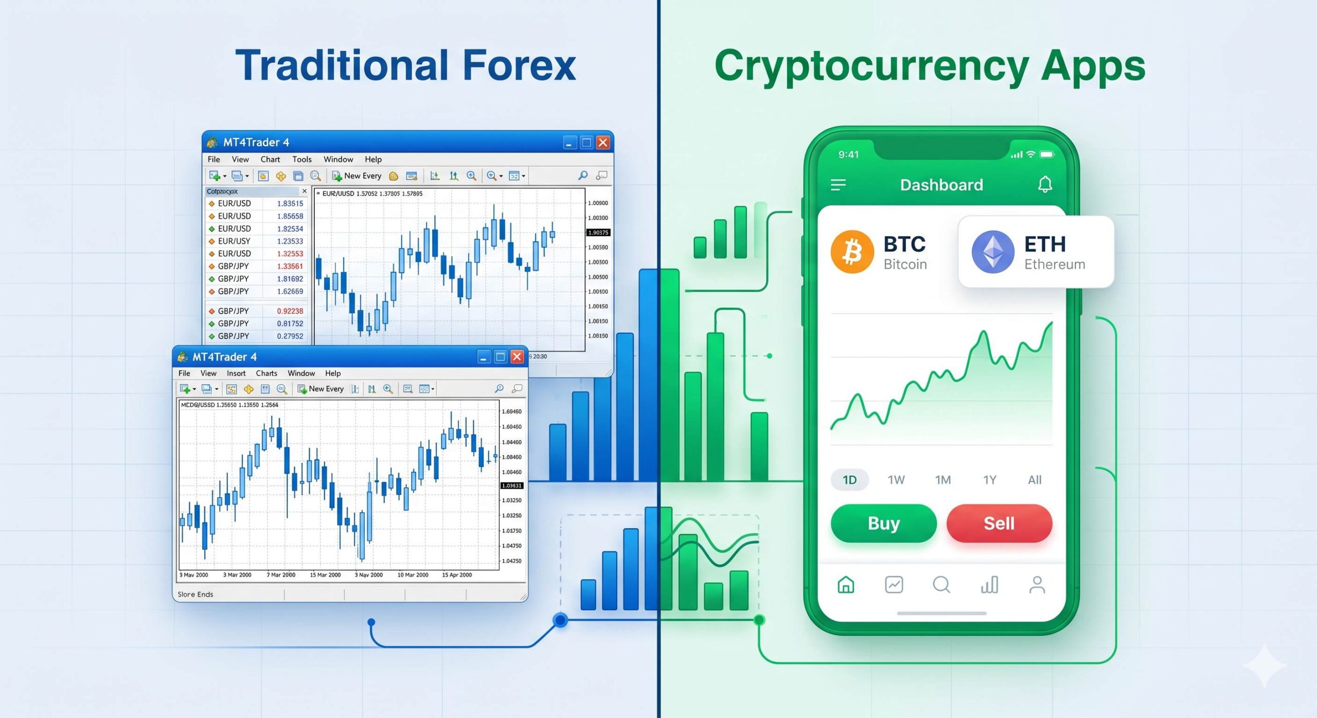 Comparison of forex charts and crypto apps.