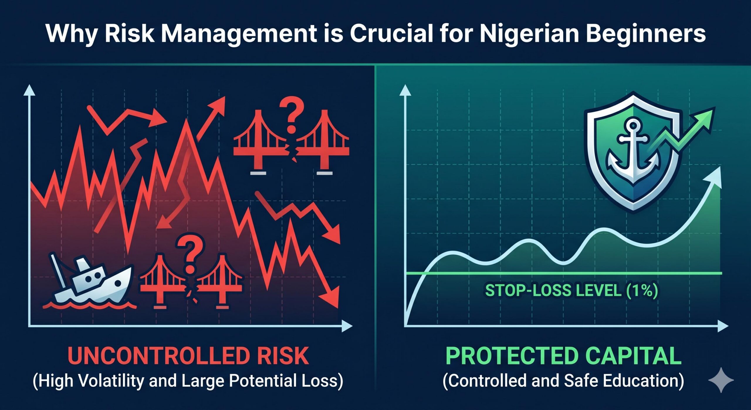 Comparison of uncontrolled risk vs. managed capital in forex trading.