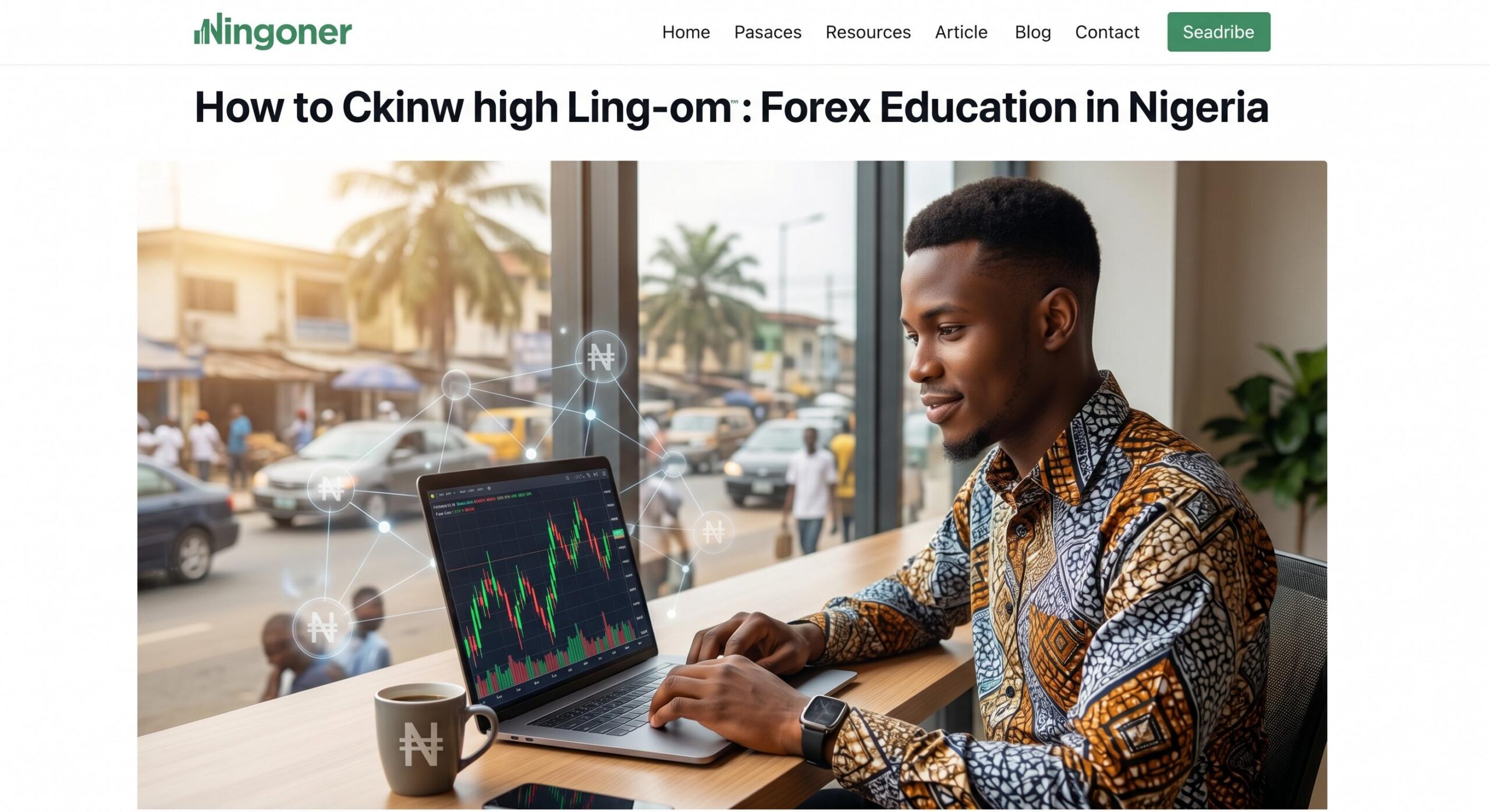 Compelling hero image showing a Nigerian man engaged in online forex trading on a laptop with digital data overlays.
