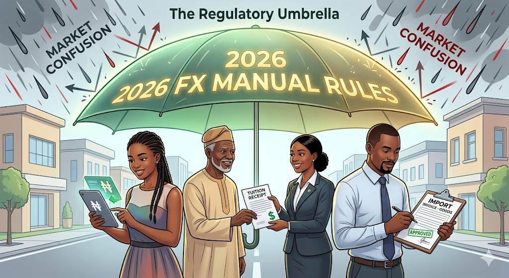 Concept illustration of the CBN manual protecting legal forex transactions in Nigeria.